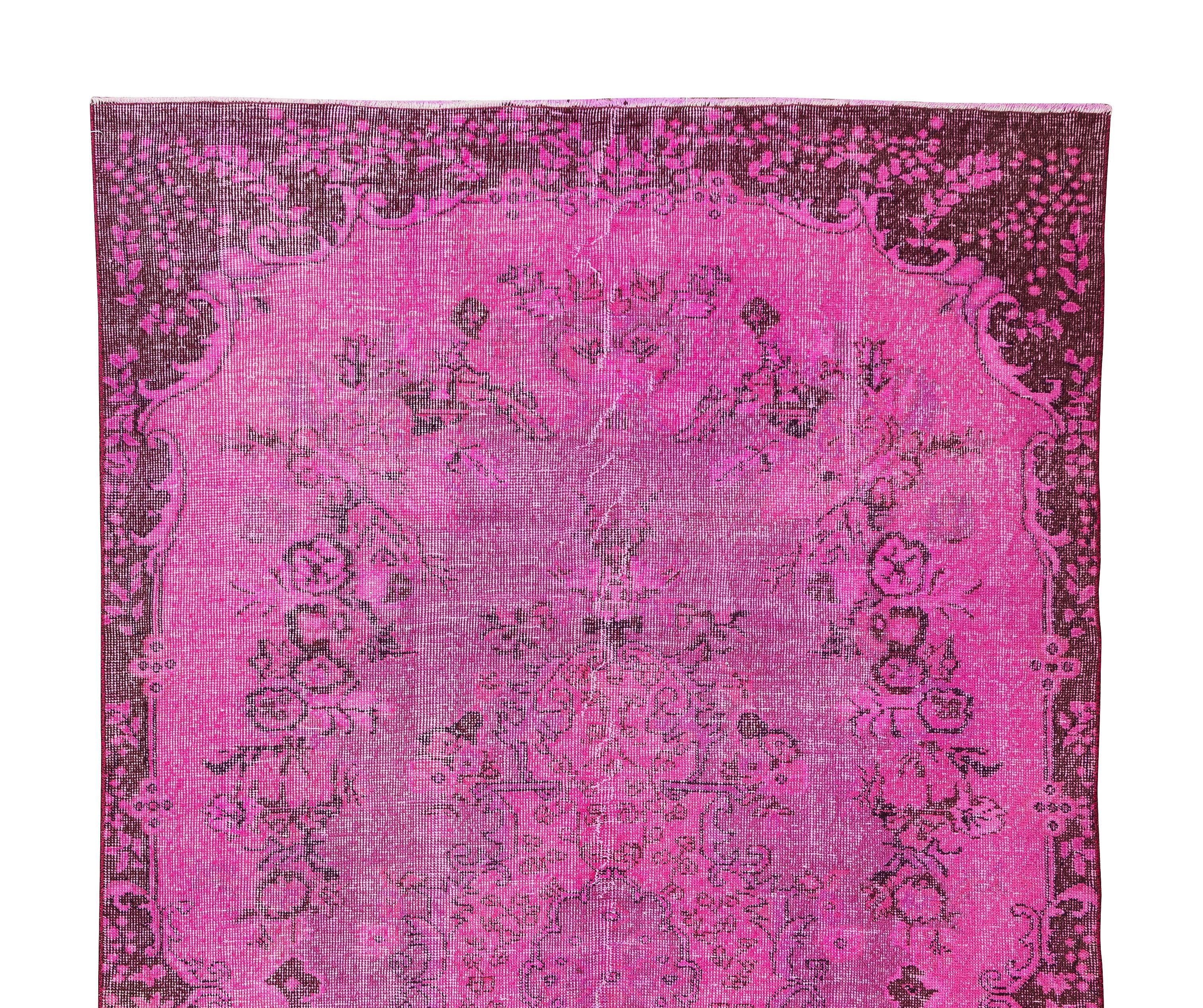 Hand-Knotted Vintage Handmade Turkish Pink Redyed Rug with Floral Medallion Design For Sale
