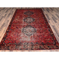 5'4"x9'2" Red Vintage Persian Shiraz with Animal Figurines Hand Knotted Wool Rug