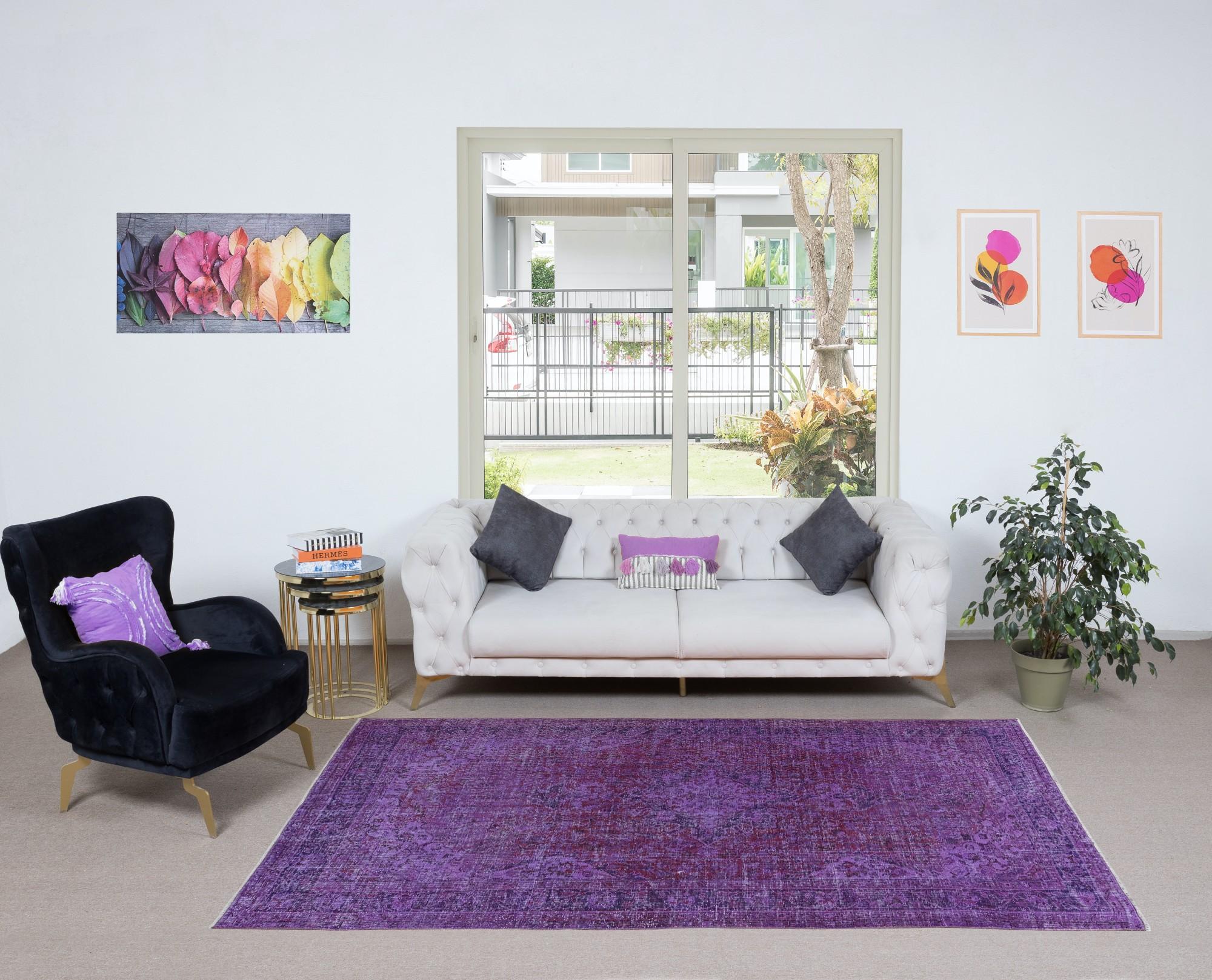 20th Century 5.4x9.3 Ft Purple Handmade Wool Area Rug, Modern Turkish Carpet for Living Room For Sale