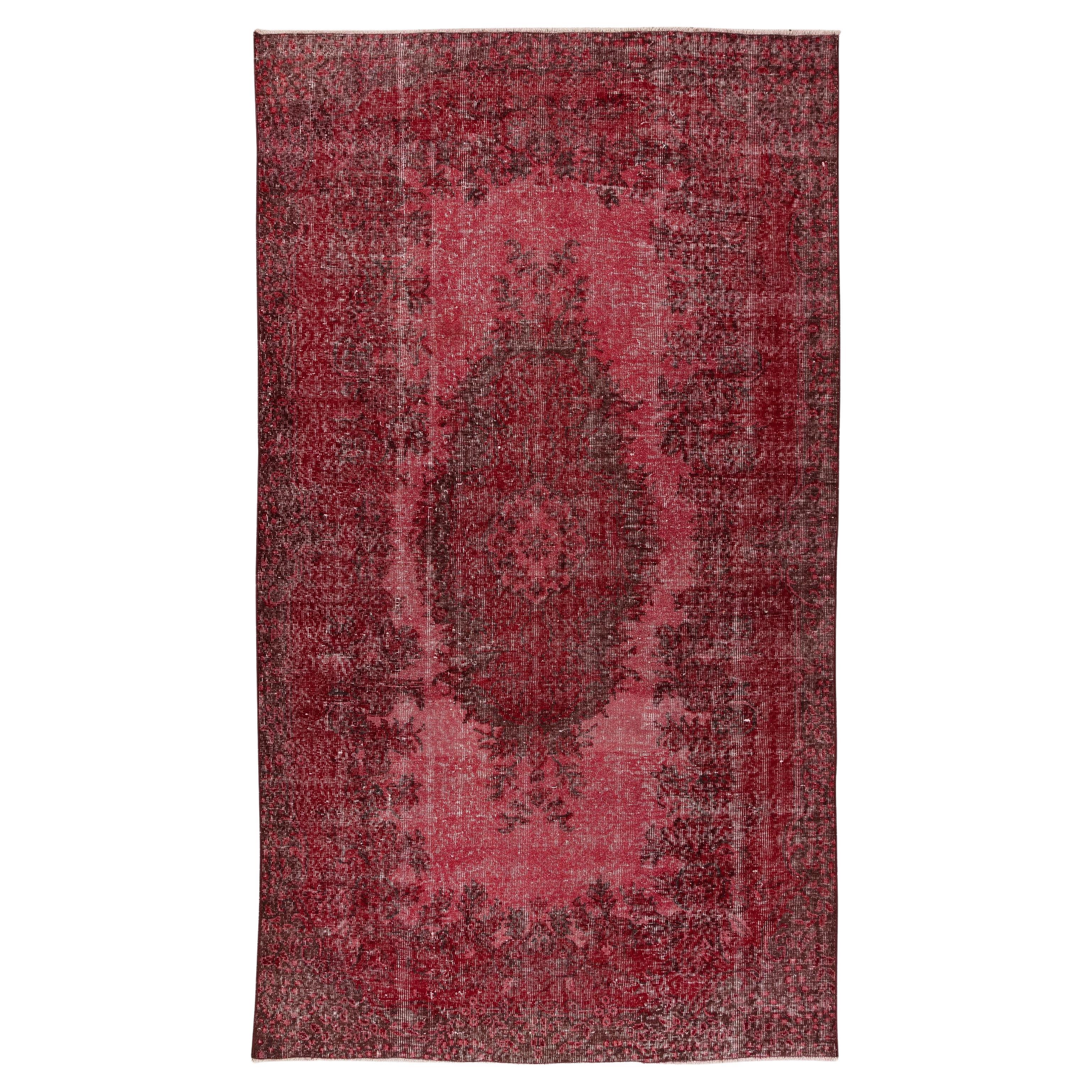 5.4x9.4 Ft Red Area Rug from Turkey, Handmade Floral Medallion Design Carpet For Sale