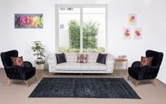 Turkish Wool Rug Over-Dyed in Solid Black, Handknotted Vintage Carpet