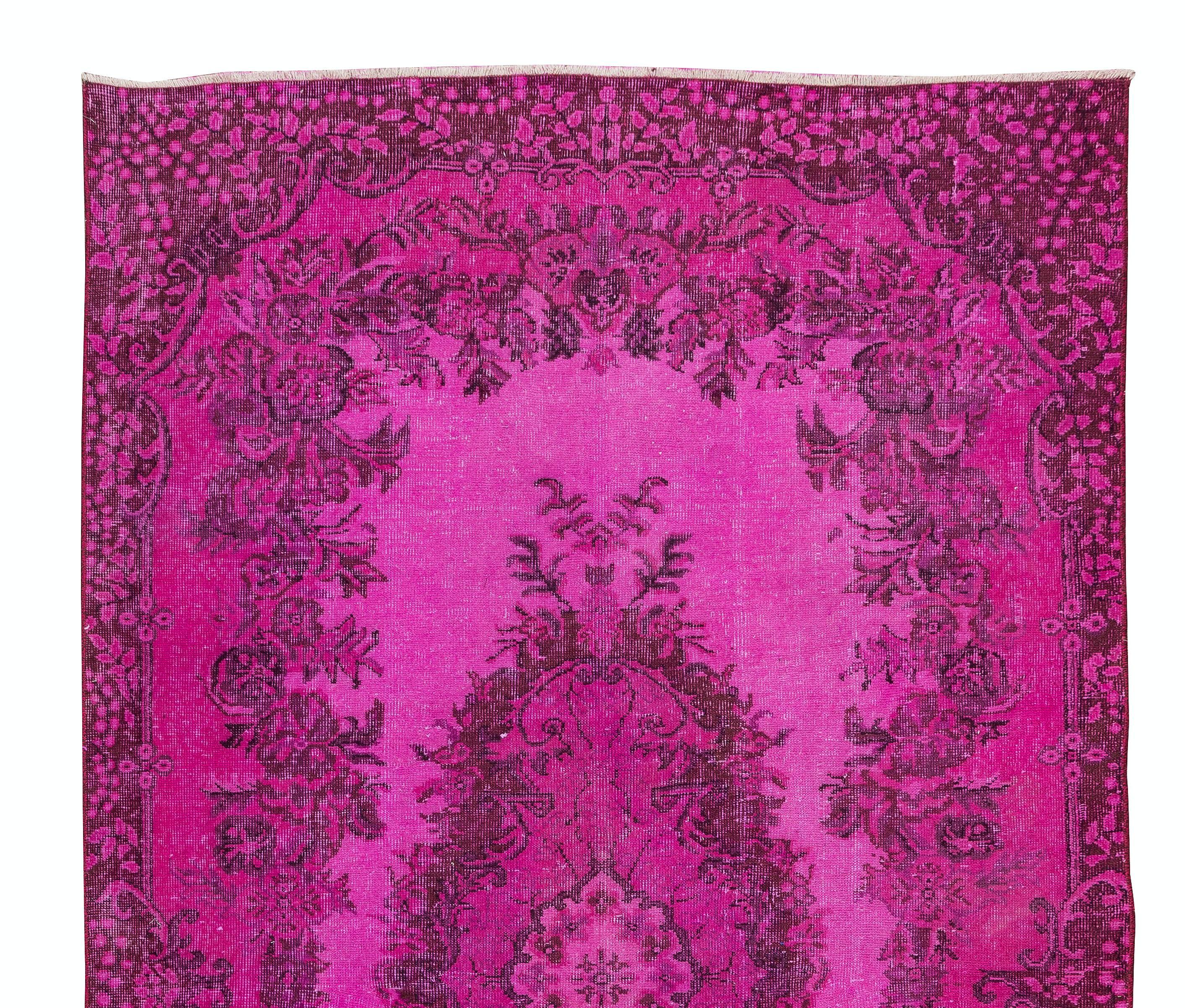 Hand-Knotted 5.4x9.5 Ft Vintage Handmade Turkish Pink Redyed Rug with Floral Medallion Design For Sale