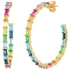 5.5 Apprx Carat Colored Rainbow Gemstone Baguette Hoop Ear Rings, Ben Dannie