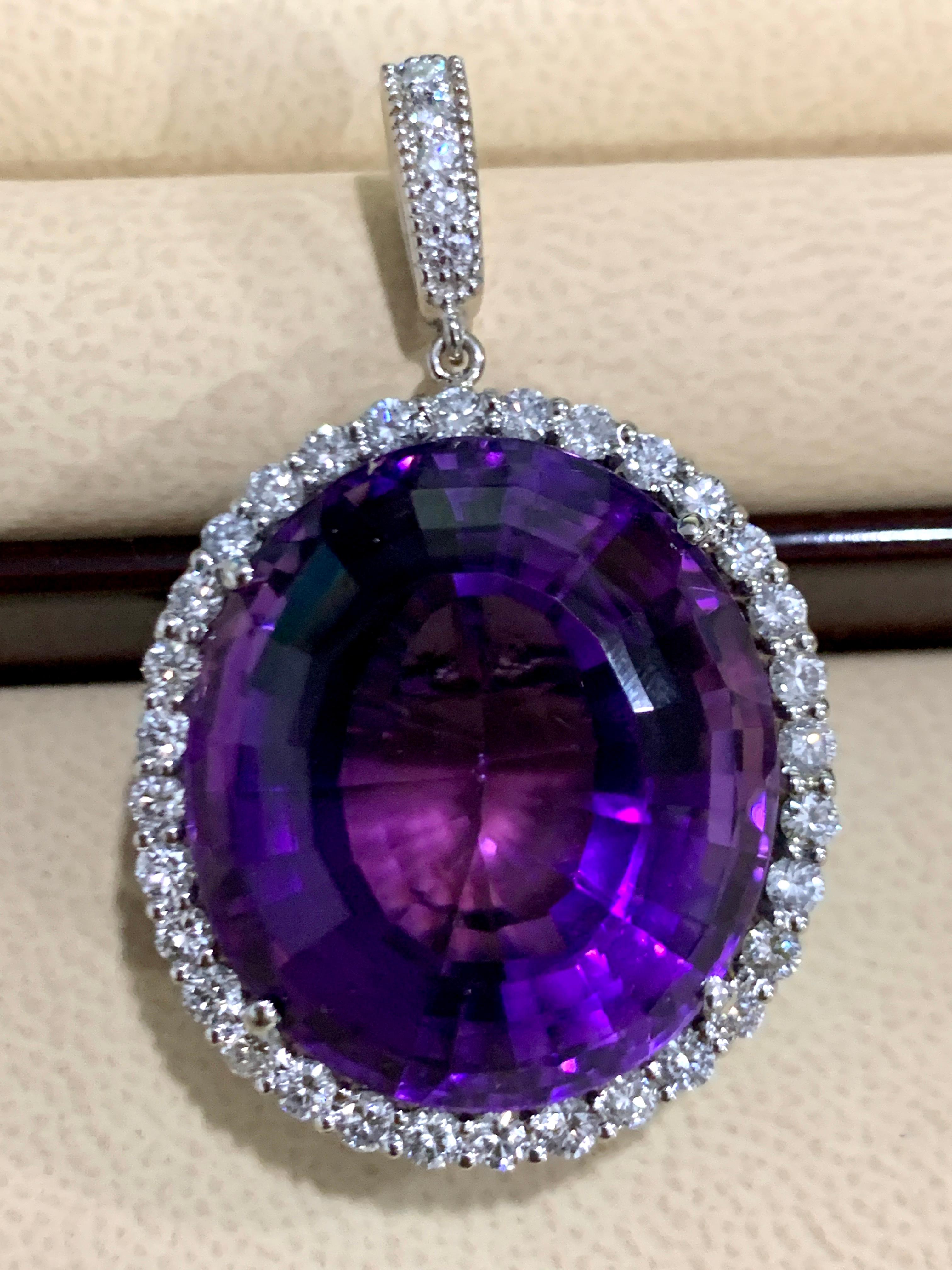 55 Carat Amethyst & 2 Carat Diamond Pendant Necklace 14 Karat White Gold + Chain In New Condition In New York, NY