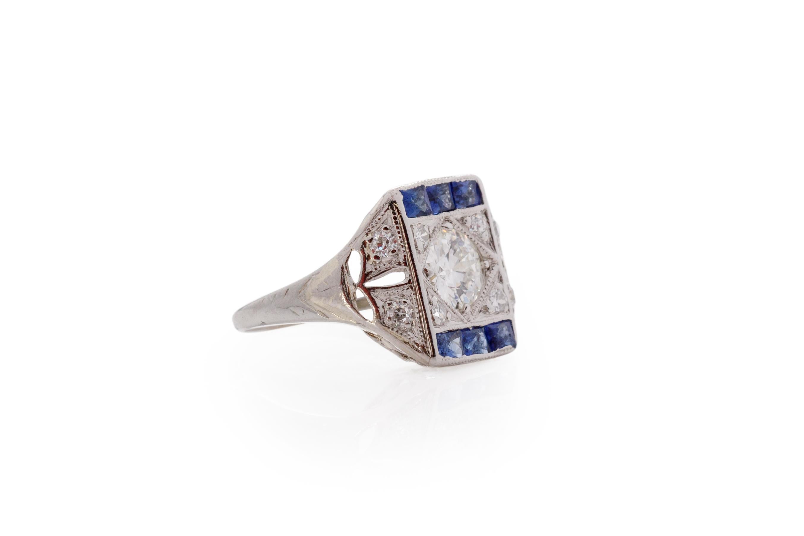 Ring Size: 4
Metal Type: Platinum [Hallmarked, and Tested]
Weight: 3.0 grams

Center Diamond Details:
Weight: .55 carat
Cut: Old European brilliant
Color: E
Clarity: VS1

Side Stone Details:
Weight: .06 carat total weight
Cut: Antique Single