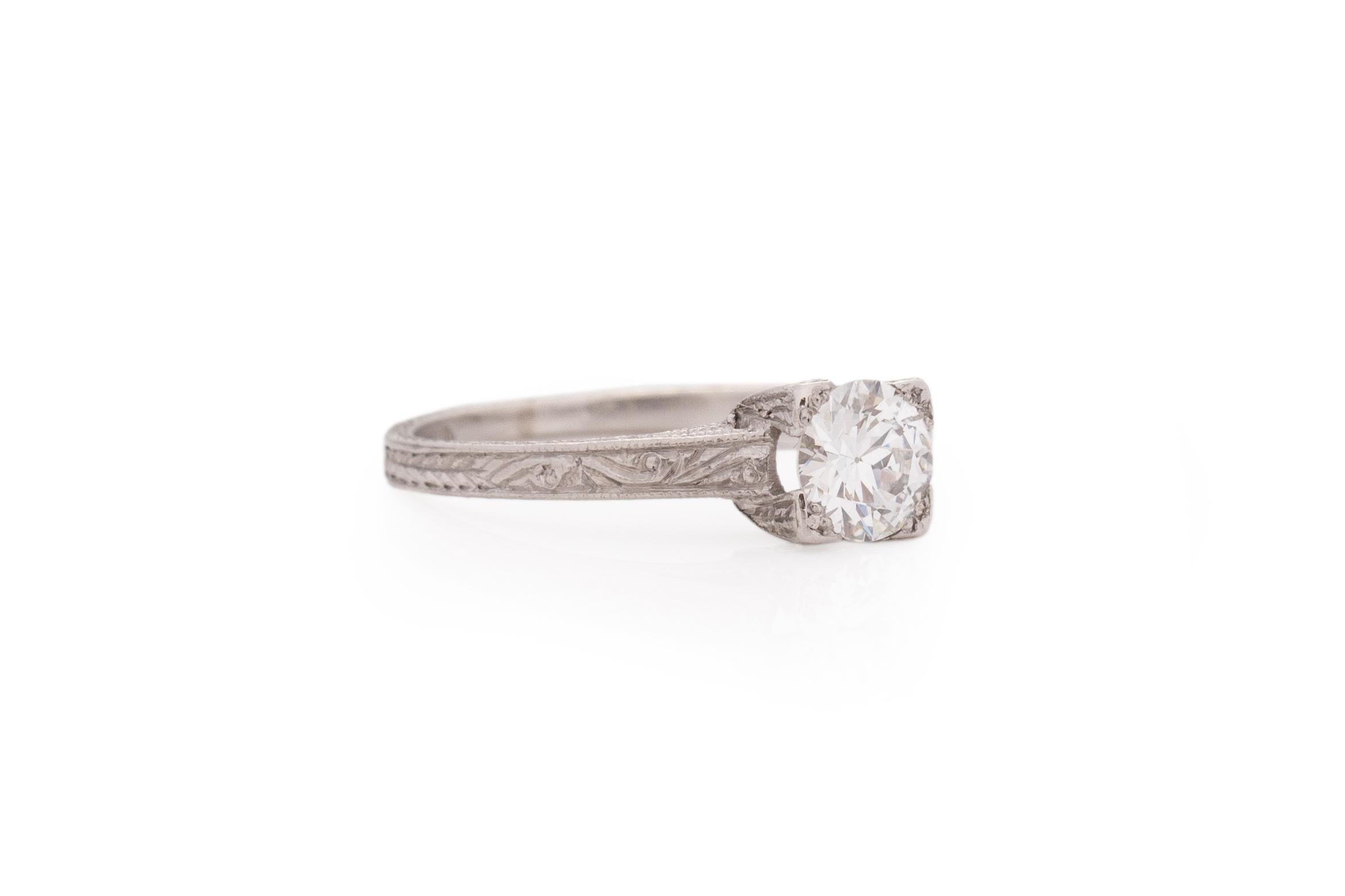 Ring Size: 5
Metal Type: Platinum [Hallmarked, and Tested]
Weight: 3.0 grams

Center Diamond Details:
Weight: .55carat
Cut: Old European brilliant
Color: F
Clarity: VS1

Finger to Top of Stone Measurement: 5mm
Condition: Excellent