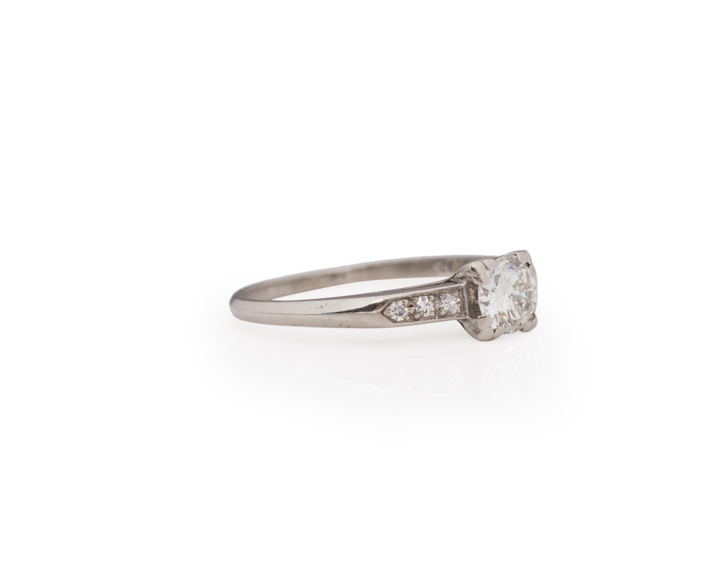 Ring Size: 7
Metal Type: Platinum [Hallmarked, and Tested]
Weight: 1.80 grams

Center Diamond Details:
Weight: .55ct
Cut: Old European brilliant, transitional cut
Color: E
Clarity: VS

Finger to Top of Stone Measurement: 5mm
Condition: Excellent