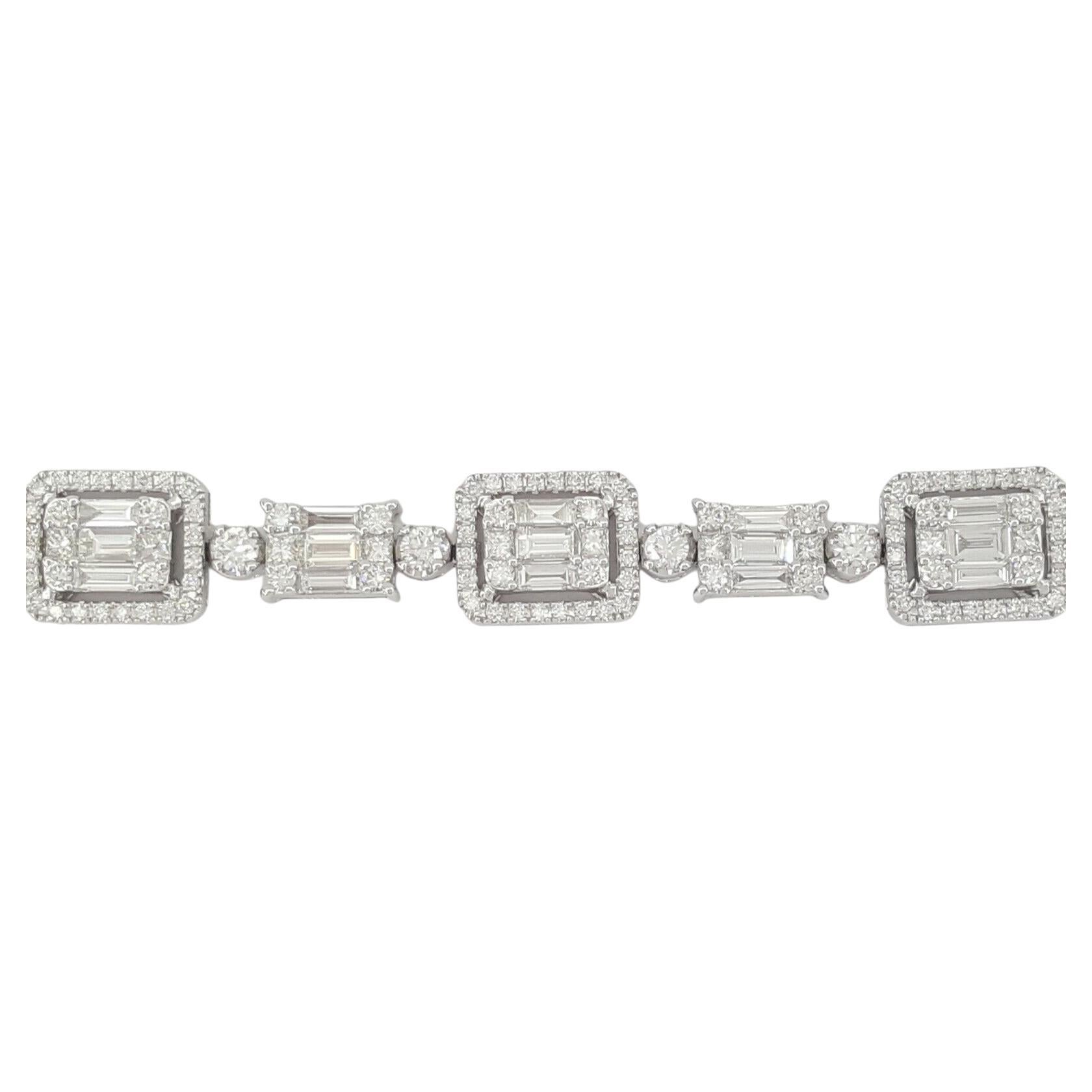 5.5 ct total weight 18K White Gold Round Brilliant, Baguette, & Princess Cut Diamond Halo Tennis Bracelet. 

The bracelet weighs 21 grams, 7.25 inches long, there are 271 Natural Round Brilliant Cut Diamonds weighing approximately 2.3 ct, E-G in