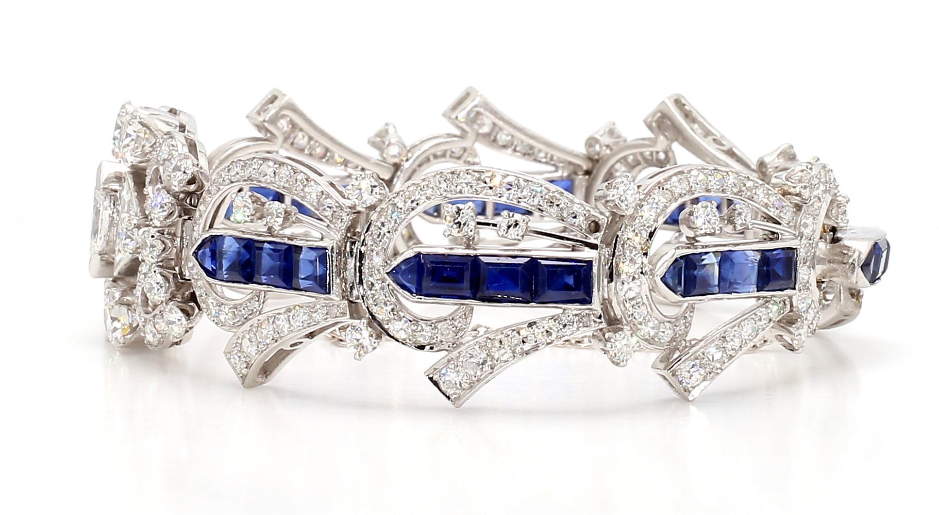 Baguette Cut 5.5 Carat Blue Sapphire and 1.5 Carat Diamond Art Deco Platinum Bracelet For Sale