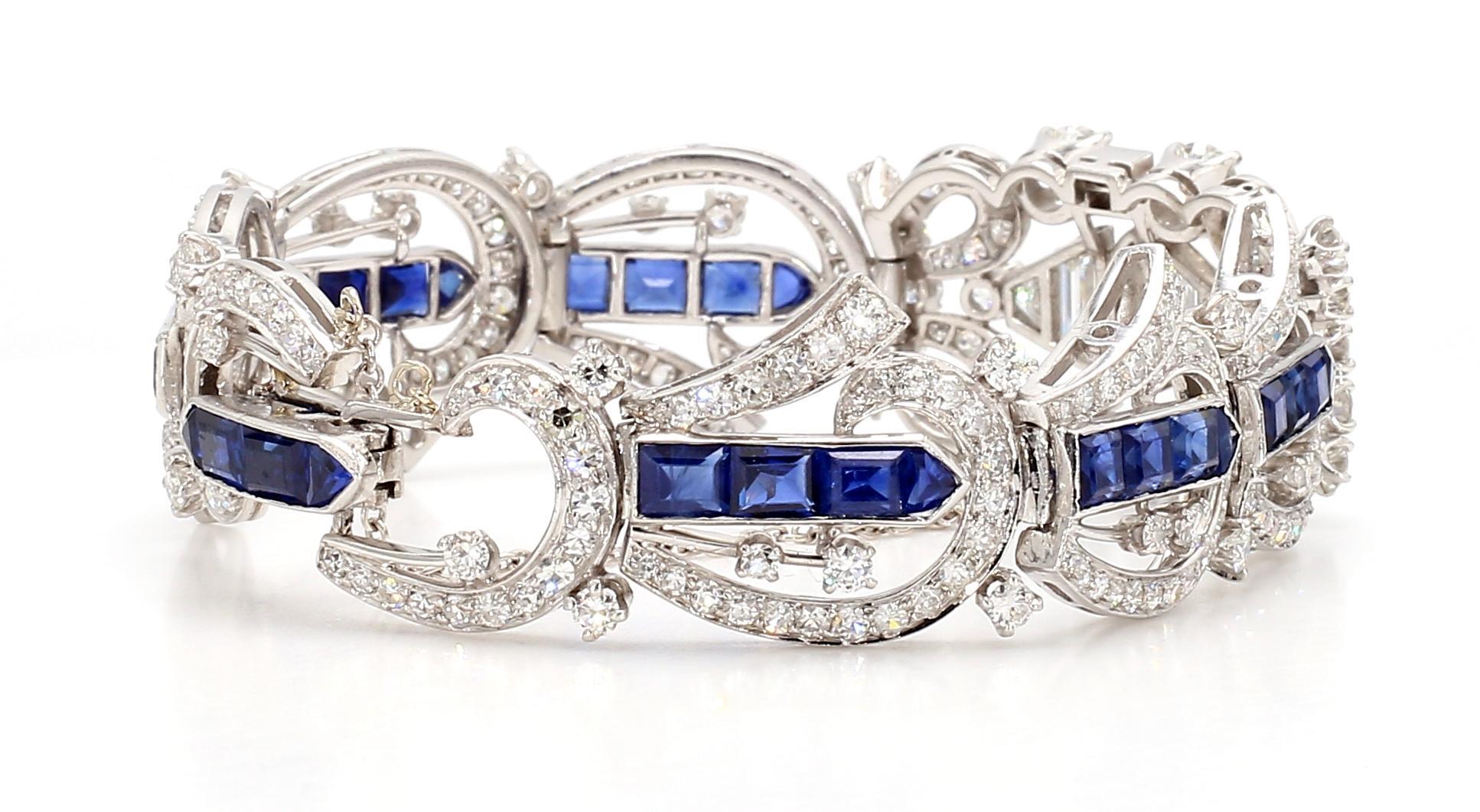 Women's 5.5 Carat Blue Sapphire and 1.5 Carat Diamond Art Deco Platinum Bracelet For Sale