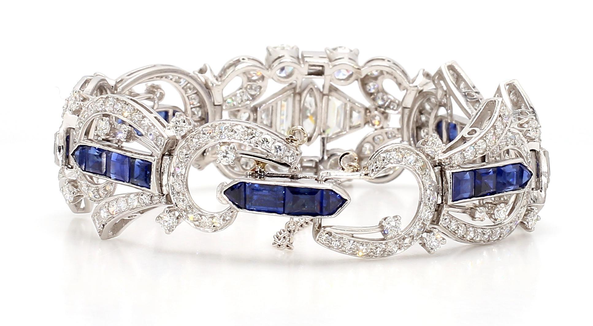 5.5 Carat Blue Sapphire and 1.5 Carat Diamond Art Deco Platinum Bracelet For Sale 1