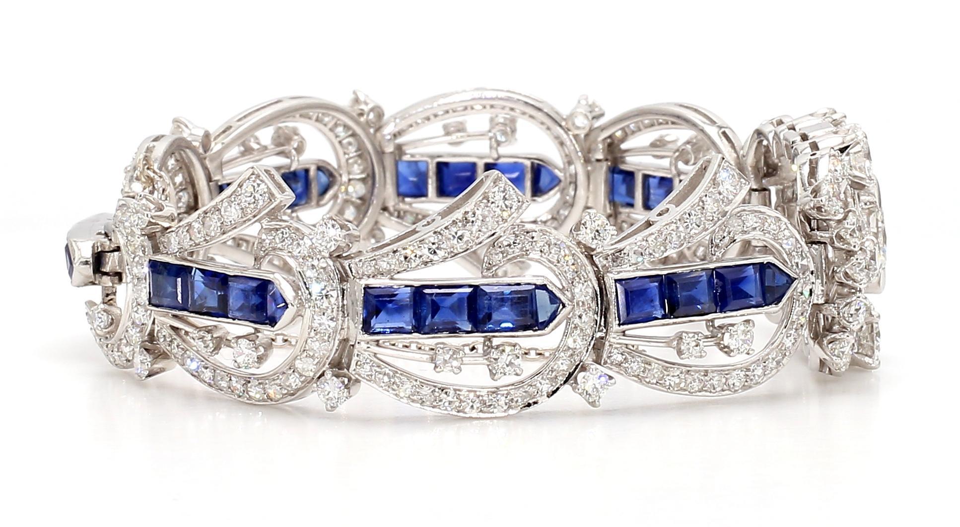 5.5 Carat Blue Sapphire and 1.5 Carat Diamond Art Deco Platinum Bracelet For Sale 2