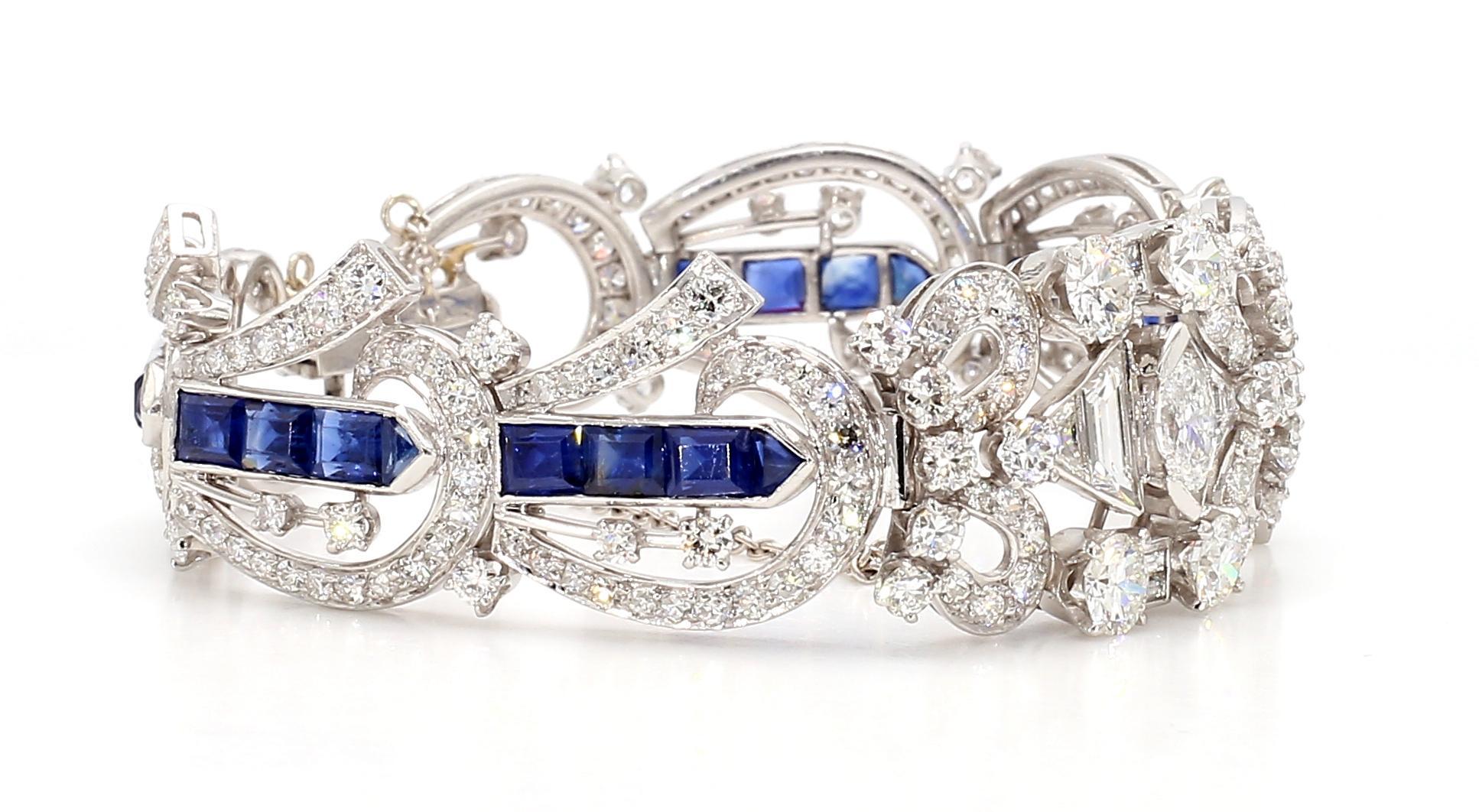 5.5 Carat Blue Sapphire and 1.5 Carat Diamond Art Deco Platinum Bracelet For Sale 3