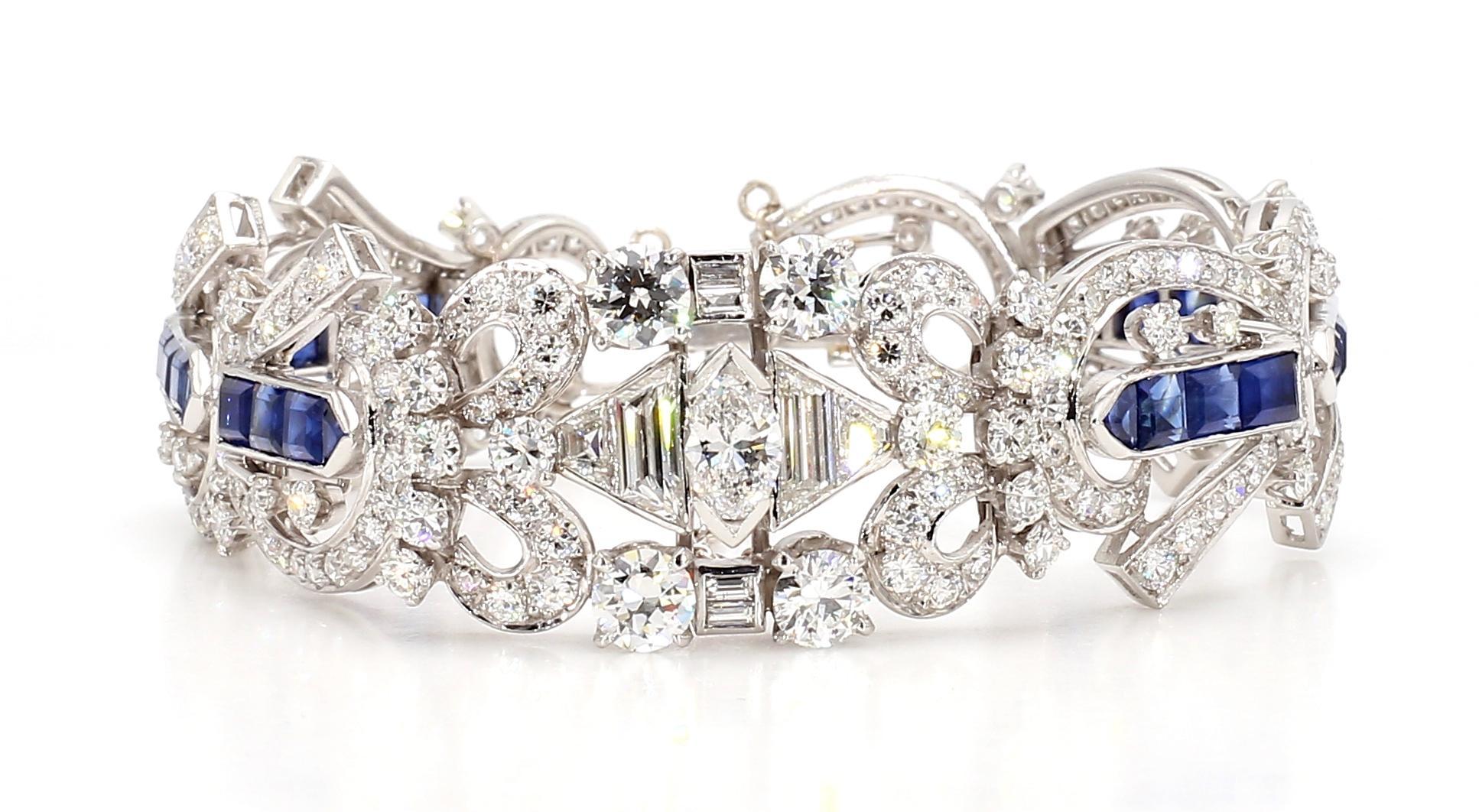 5.5 Carat Blue Sapphire and 1.5 Carat Diamond Art Deco Platinum Bracelet For Sale 4