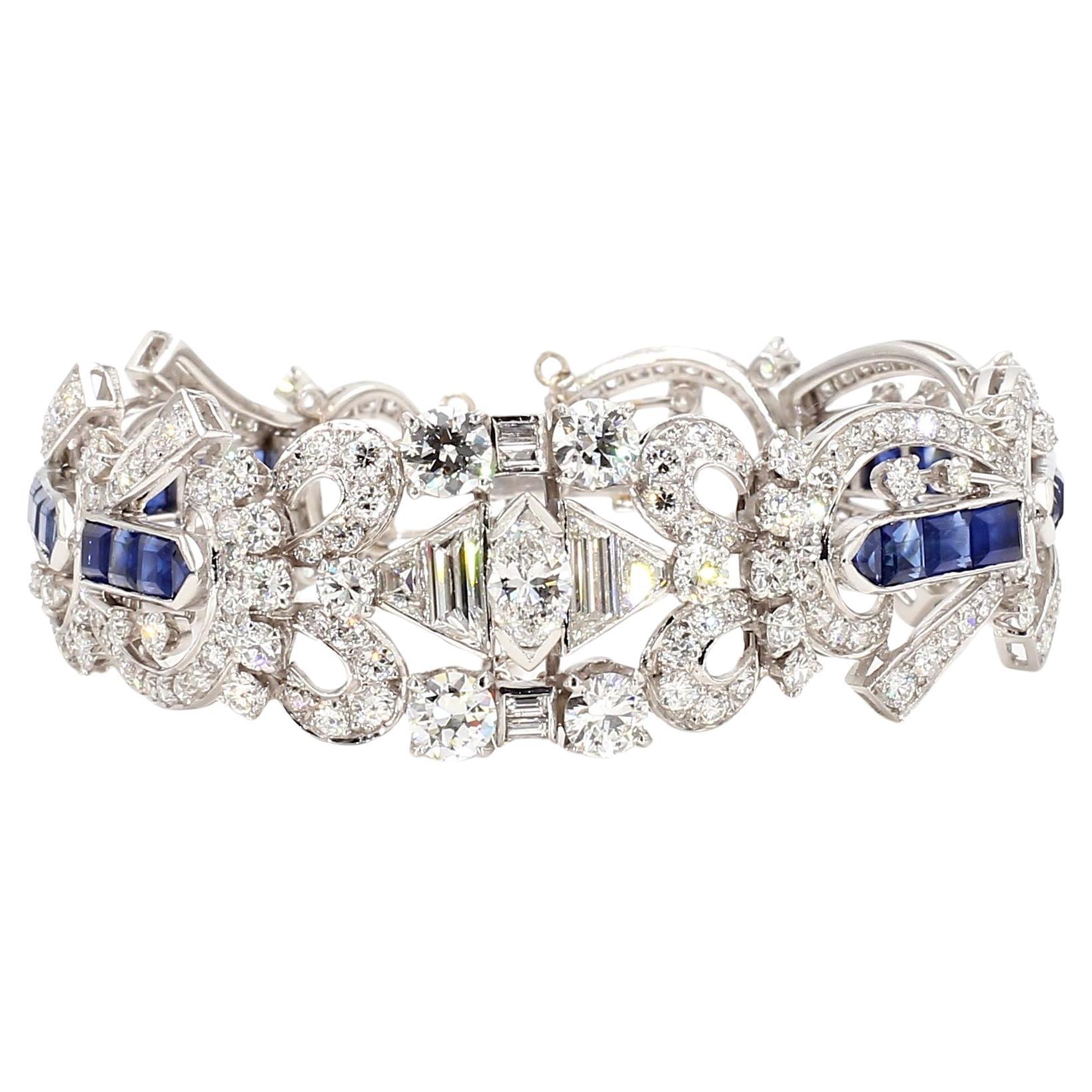 Bracelet Art déco en platine avec saphir bleu de 5,5 carats et diamants de 1,5 carat en vente