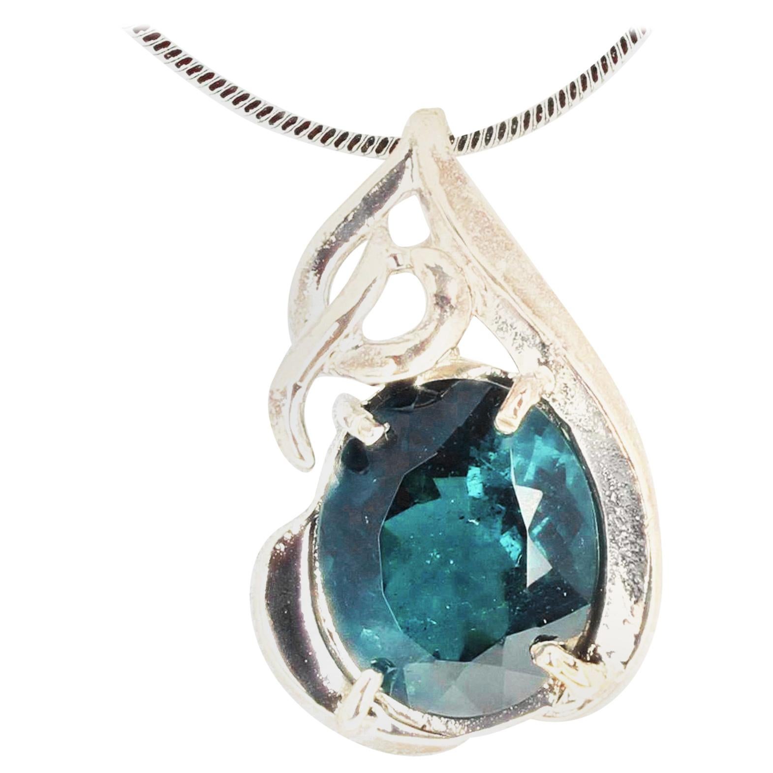 Oval Cut AJD Stunning 5.5 Cts Bluegreen Glittering Tourmaline Sterling Silver Pendant  For Sale