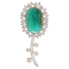 55 Carat Carved Emerald Diamond Brooch for Wedding in 18k Solid White Gold