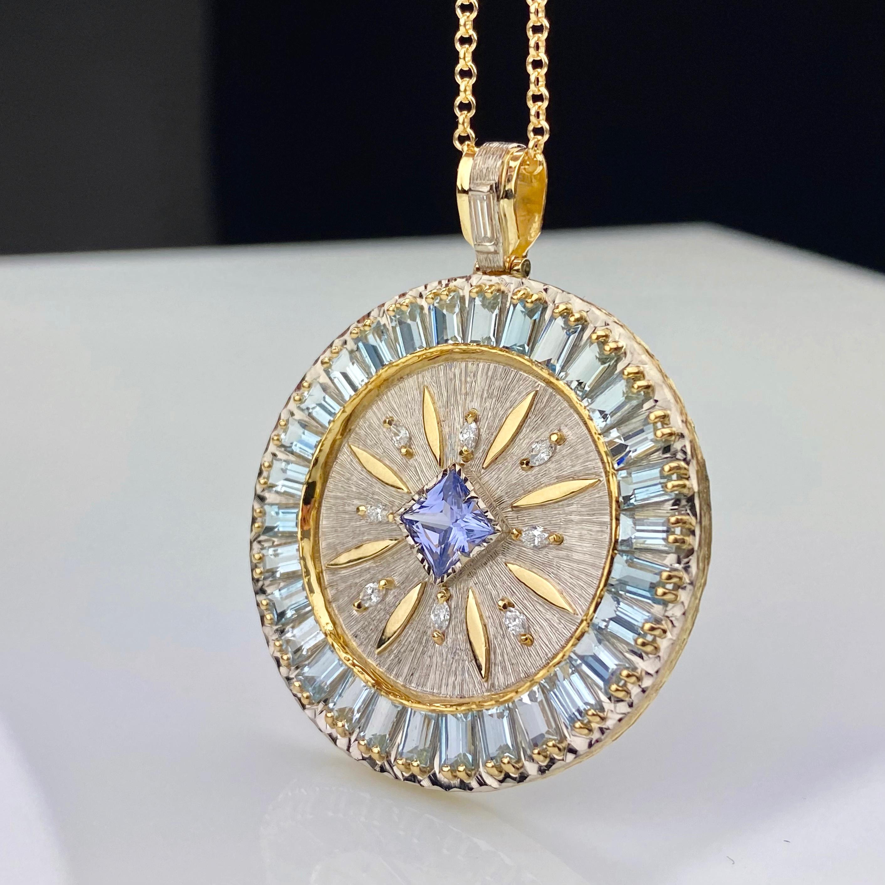 Princess Cut 5.5 Carat Ceylon Sapphire Aquamarine Diamond Double-Sided Pendant