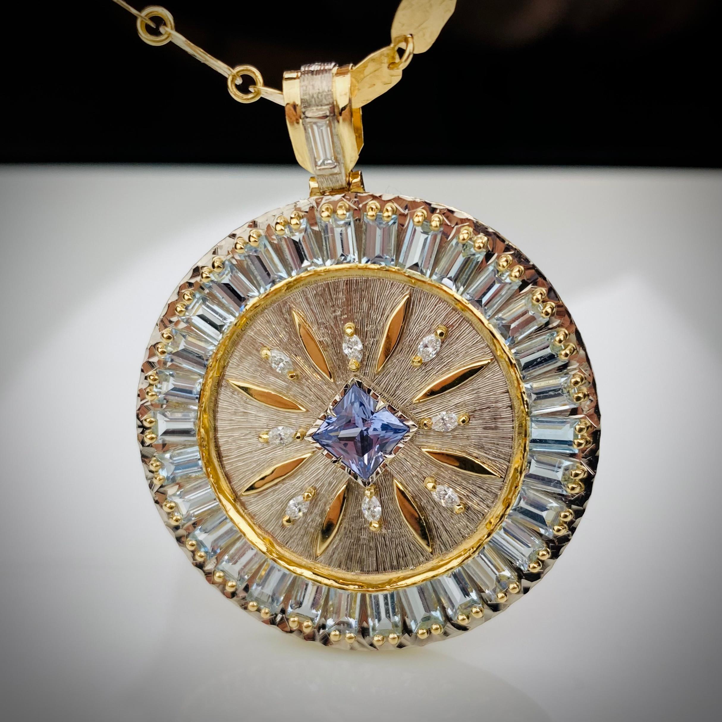 5.5 Carat Ceylon Sapphire Aquamarine Diamond Double-Sided Pendant In New Condition In Torun, PL