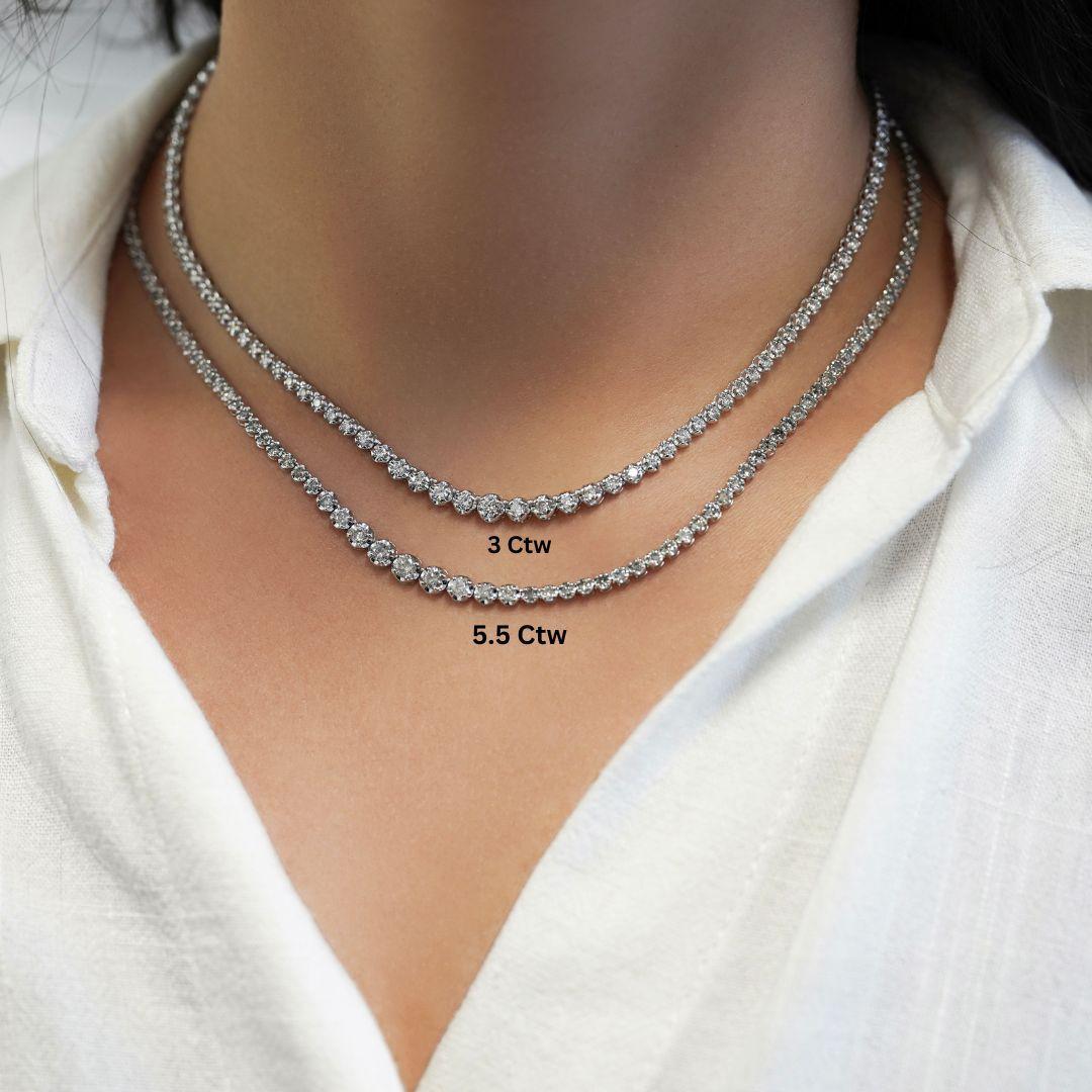 Women's 5.5 Carat Diamond 18K White Gold 4-Prong Graduated Tennis Necklace For Sale