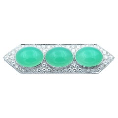 5.5 Carat Diamond Chrysoprase in 18k White Gold Brooch