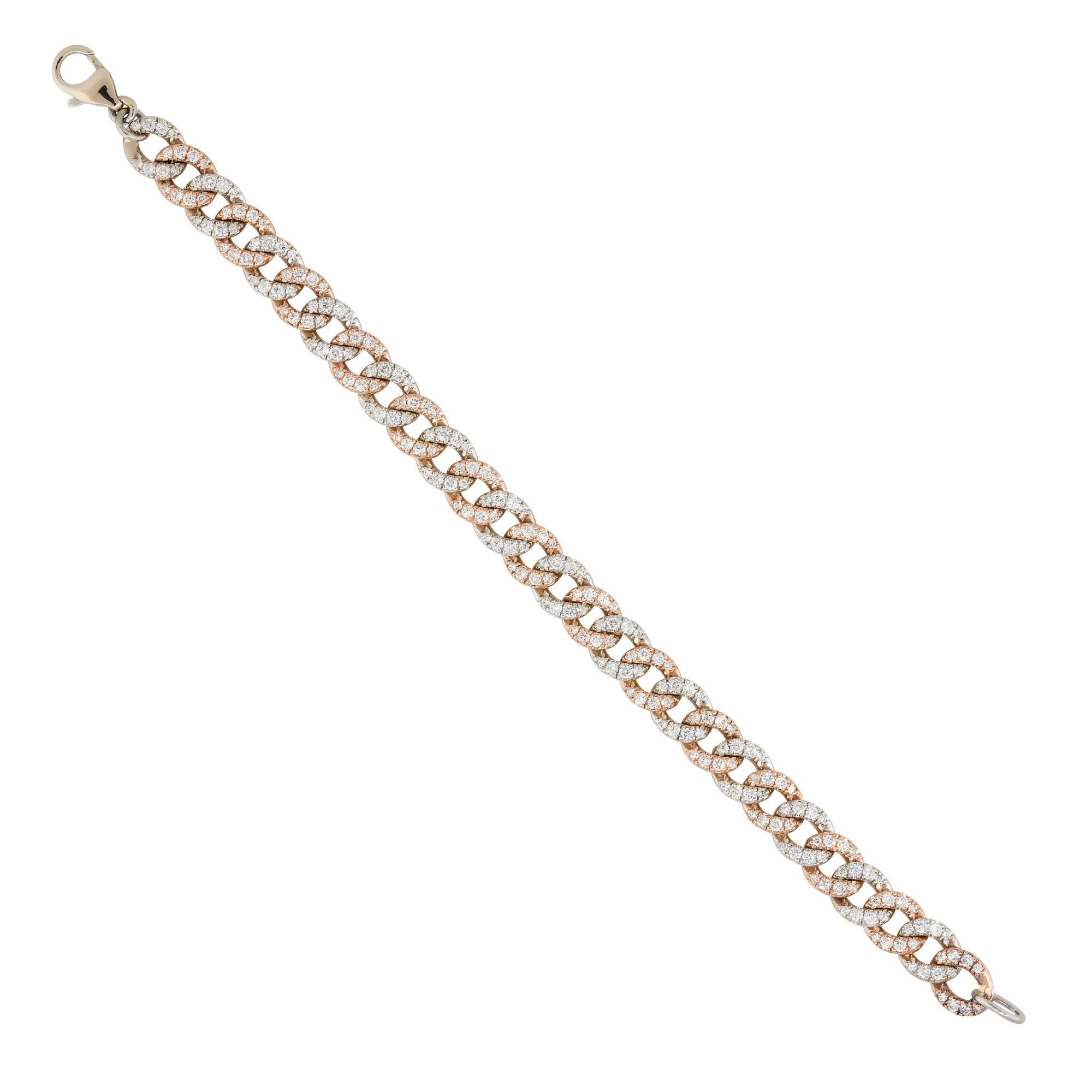 Material: 14k white & rose gold
Diamond Details: Approx. 5.50ctw of round cut Diamonds. Diamonds are G/H in color and VS in clarity
Clasp: Lobster clasp
Measurements: 7