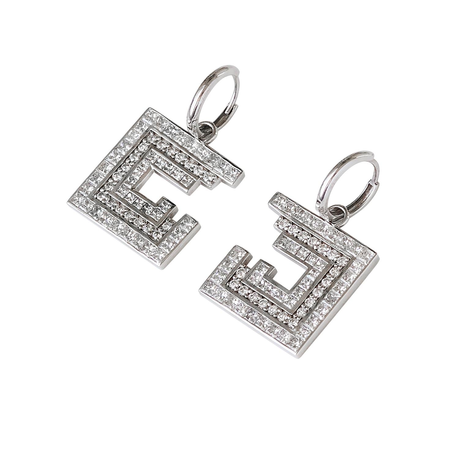Art Deco 5.5 Carat Diamond Princess Cut 14k White Gold Dangle Earrings For Sale