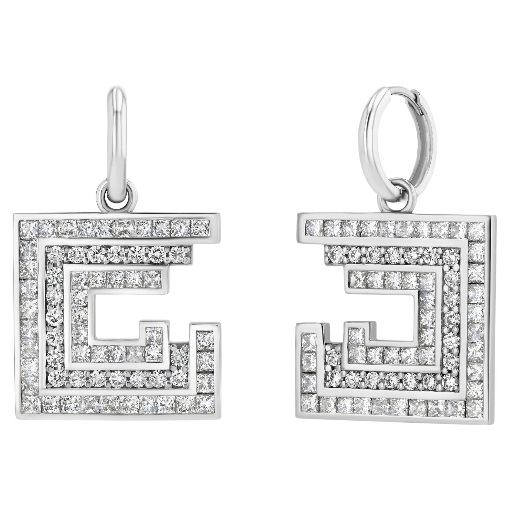 Pair of 5.5 Carat Diamond Princess Cut 18k White Gold Dangle Earrings For Sale