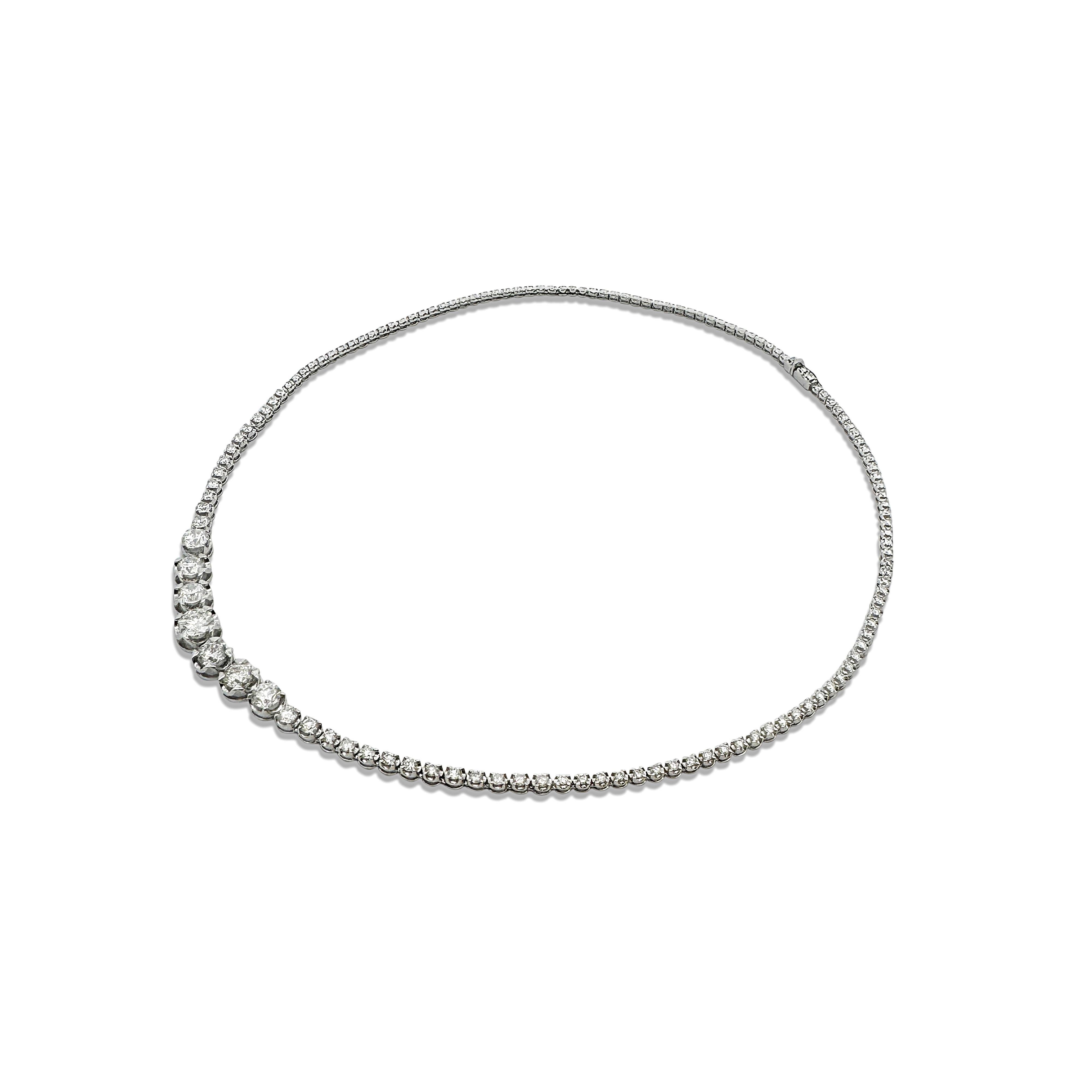 Natural 5.52 Carat Total Diamond 18K White Gold Graduated Riviera Cupcake 4-Prong Tennis Necklace. 16.5 Inches, Box Closure. 

Details:
Item Type: Graduated Riviera Tennis Necklace 
Metal: 18K / 16K White Gold
Length: 16.5 Inches
Setting: 4-Prong