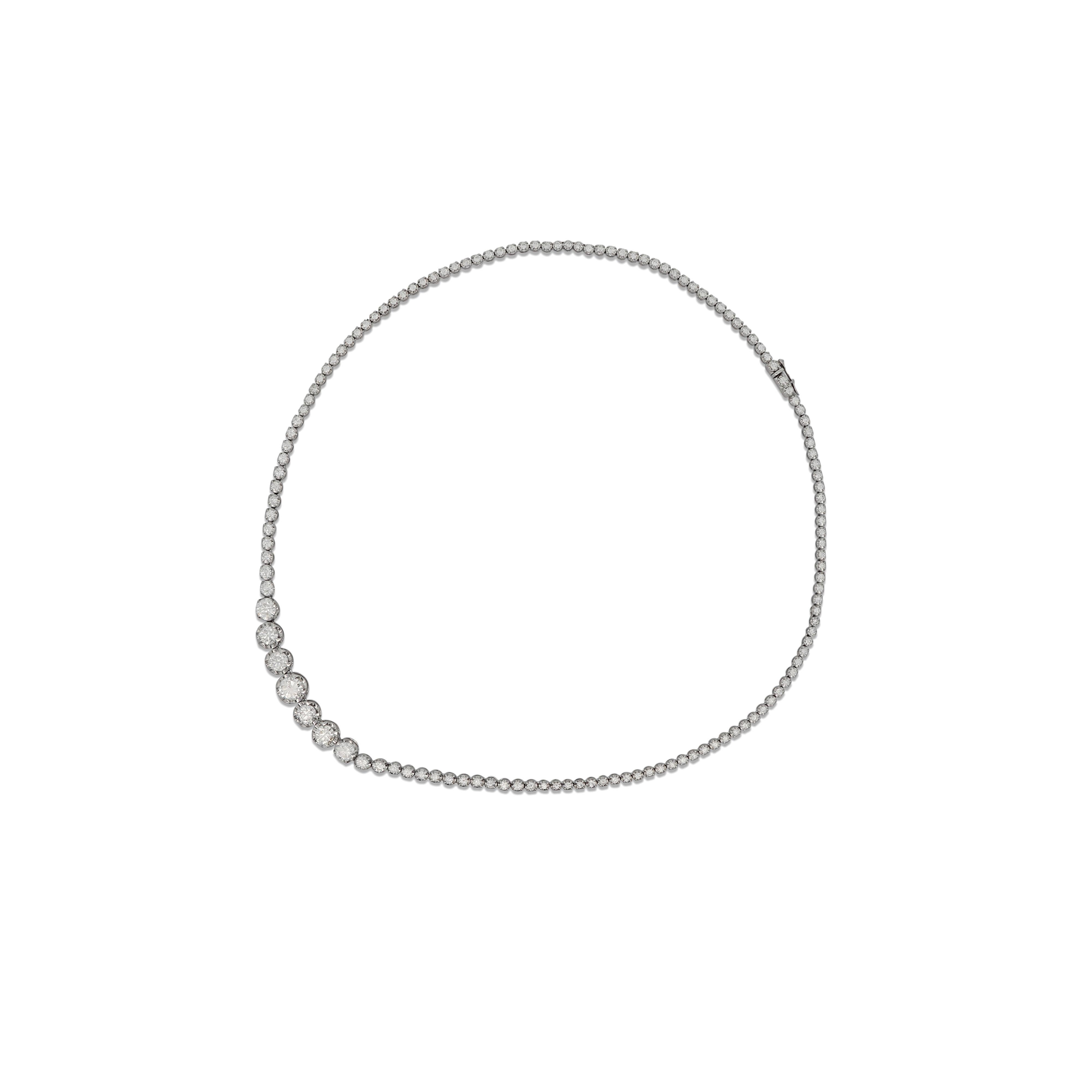 Round Cut 5.5 Carat Diamond White Gold Graduated Riviera Cupcake Tennis Necklace For Sale