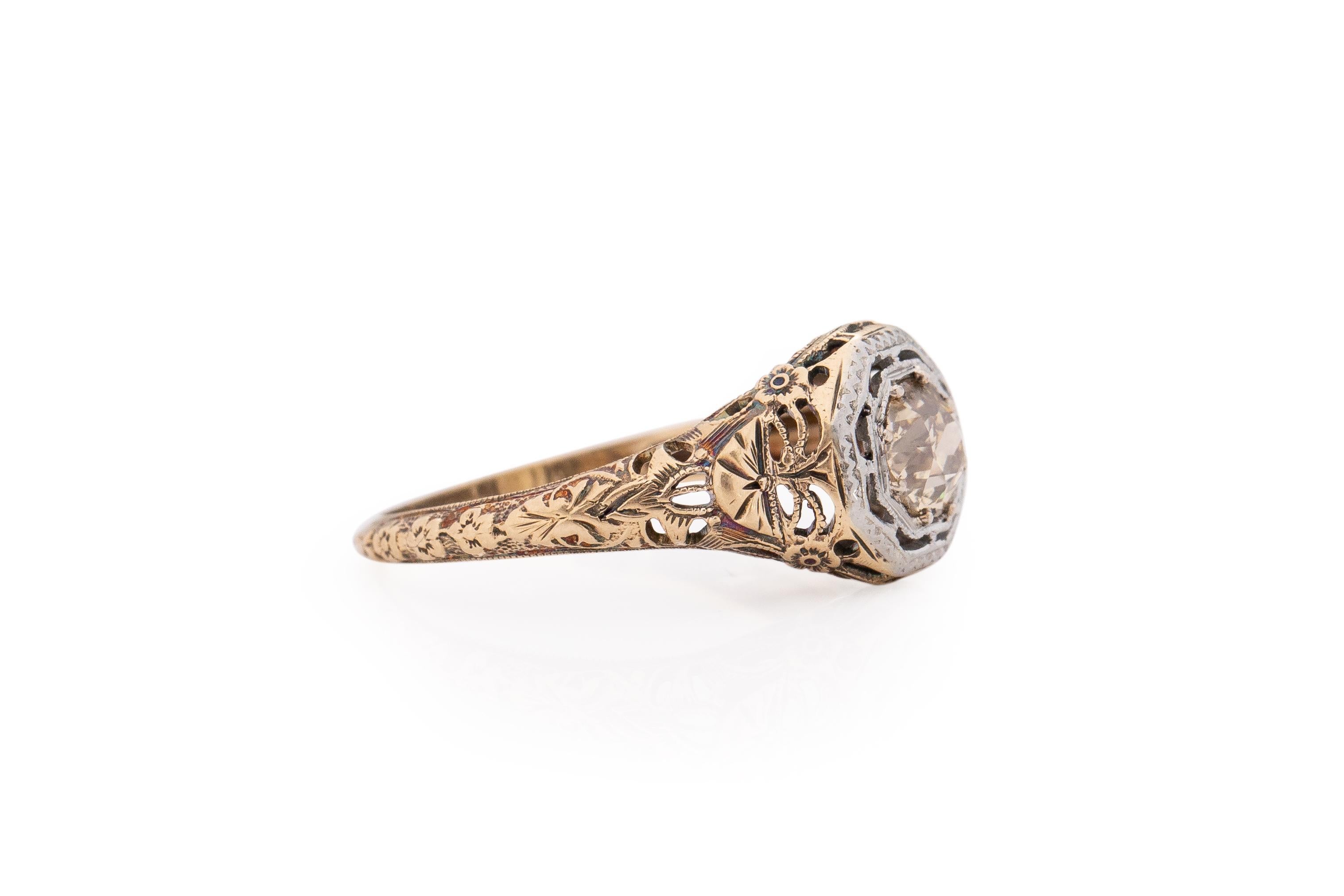 Ring Size: 6.5
Metal Type: 14 karat Yellow Gold [Hallmarked, and Tested]
Weight: 2.0 grams

Center Diamond Details:
Weight: .55 carat
Cut: Old European brilliant
Color: Fancy Brown, Natural Color
Clarity: VS

Finger to Top of Stone Measurement: