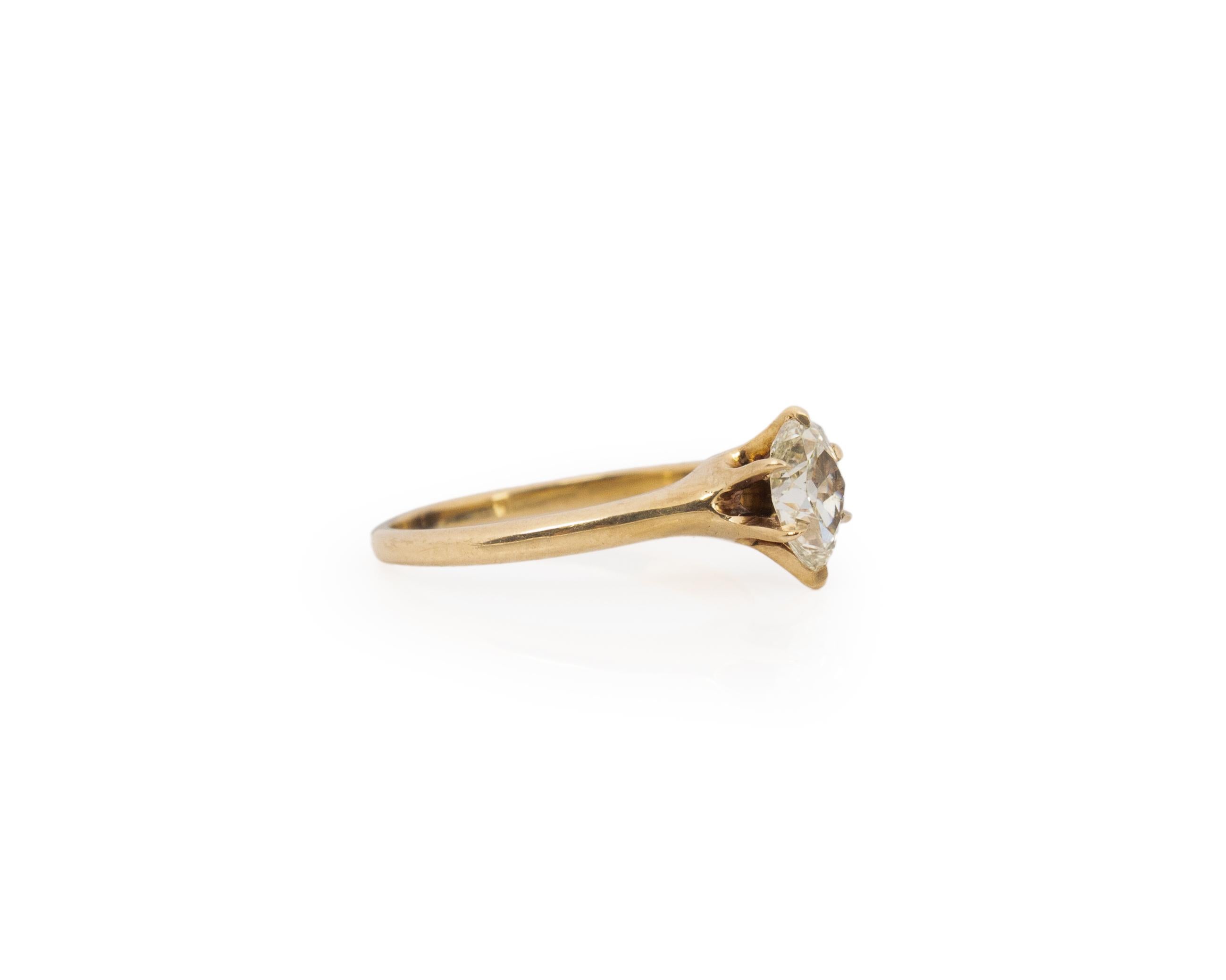 Ring Size: 4.5
Metal Type: 14K Yellow Gold [Hallmarked, and Tested]
Weight: grams

Center Diamond Details:
Weight: .55ct
Cut: Old European brilliant
Color: J
Clarity: SI1

Finger to Top of Stone Measurement: 6.0mm
Shank/Band Width: 1.2mm
Condition: