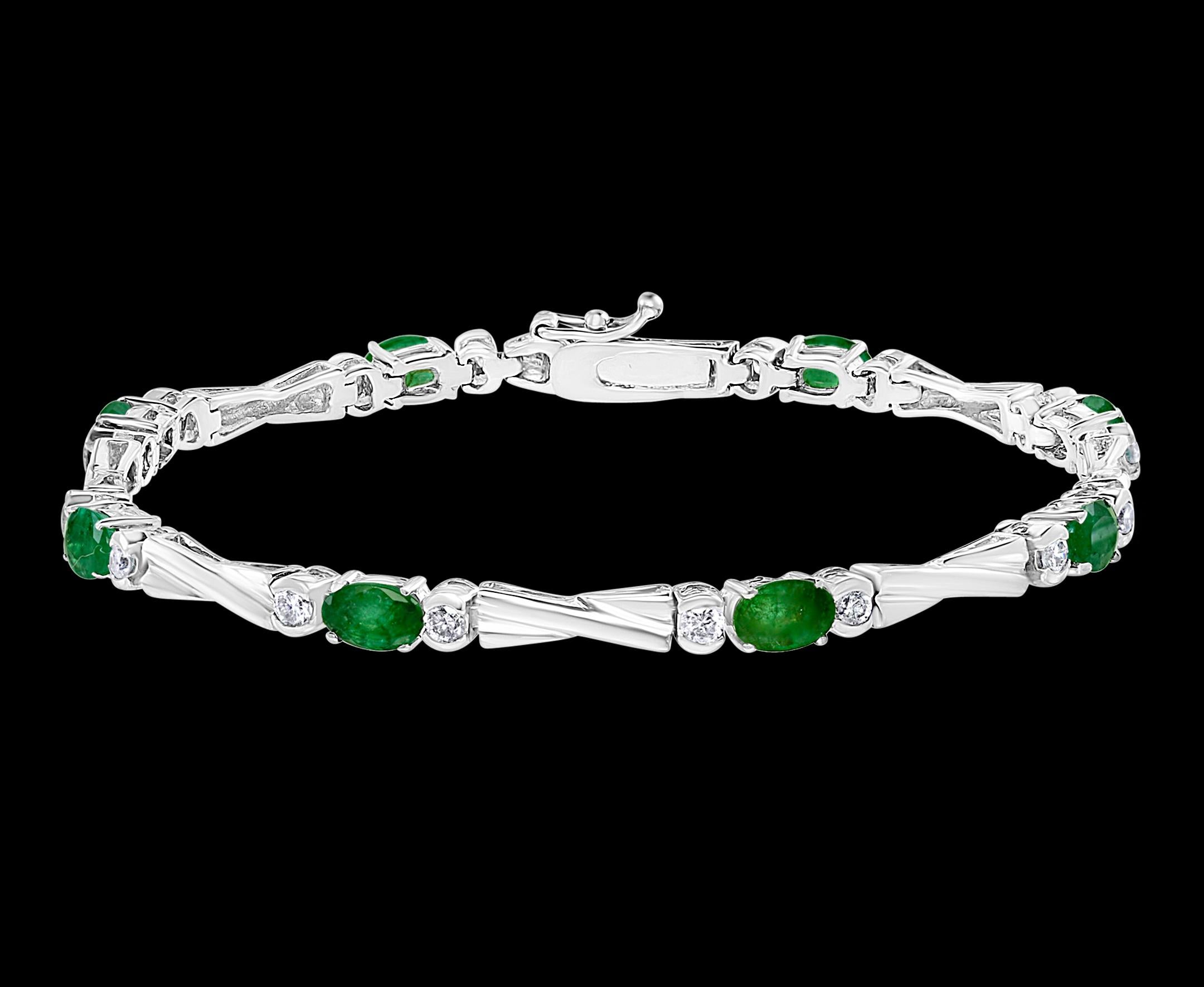  This exceptionally affordable Tennis  bracelet has  8 stones of oval  Emeralds  . Each Emerald has one diamond on each side of the emerald .Total weight of Emerald is 5.5 carat. Total number of diamonds are 16 and diamond weighs 1 ct.
The bracelet