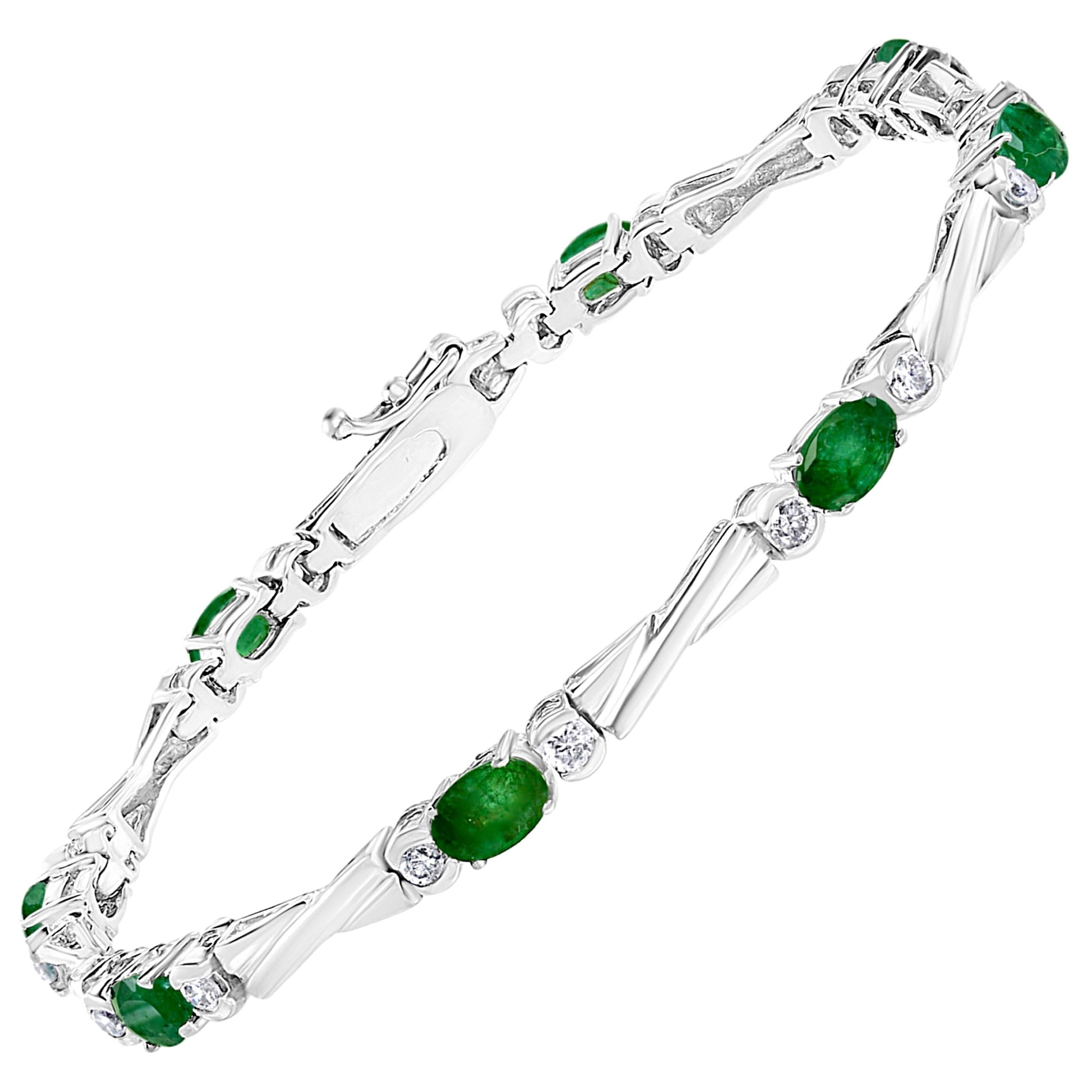 5.5 Carat Emerald 1 Carat Diamond Tennis Bracelet 14 Karat White Gold