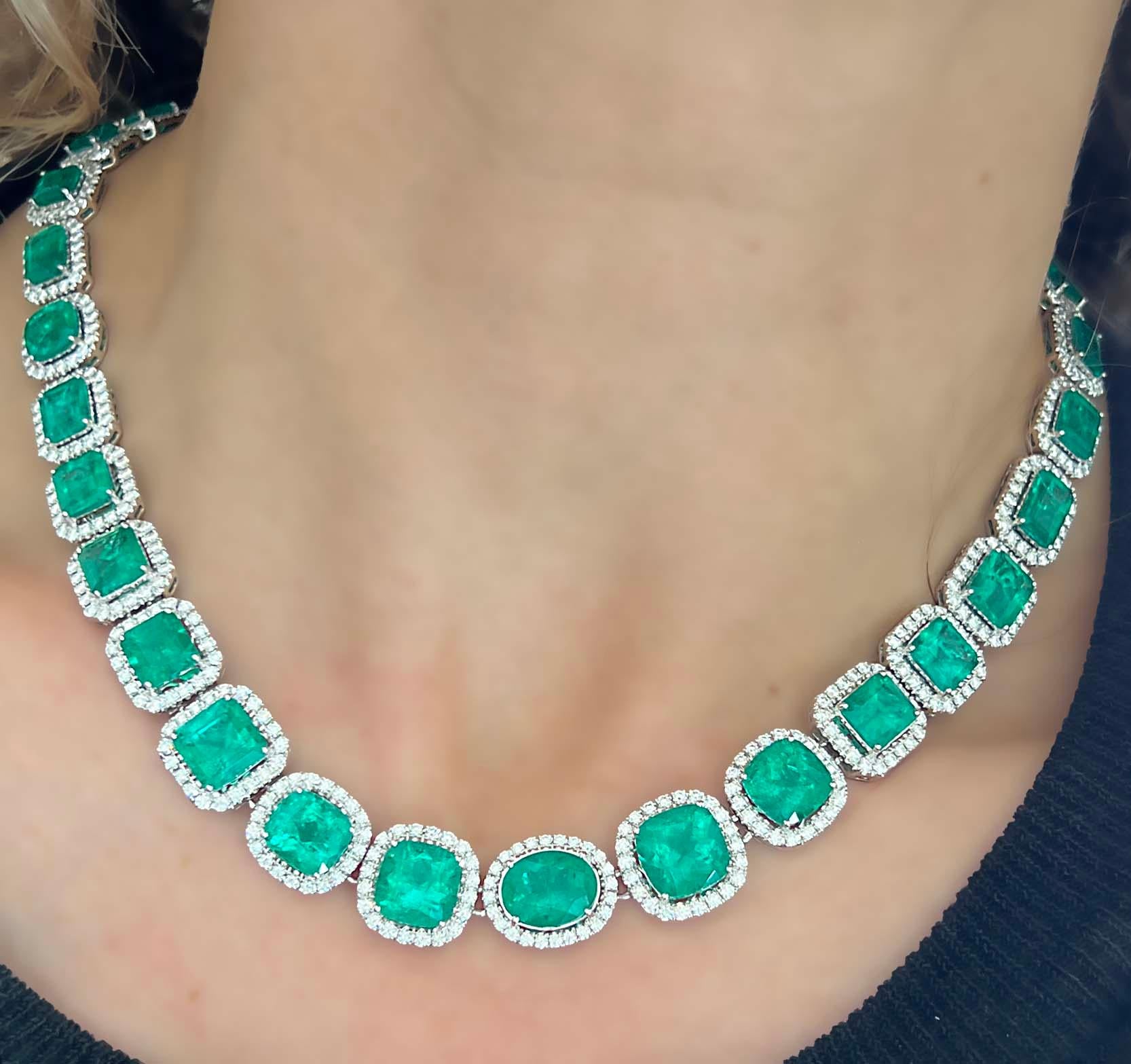 Mixed Cut 55 Carat Emerald and Diamond Necklace