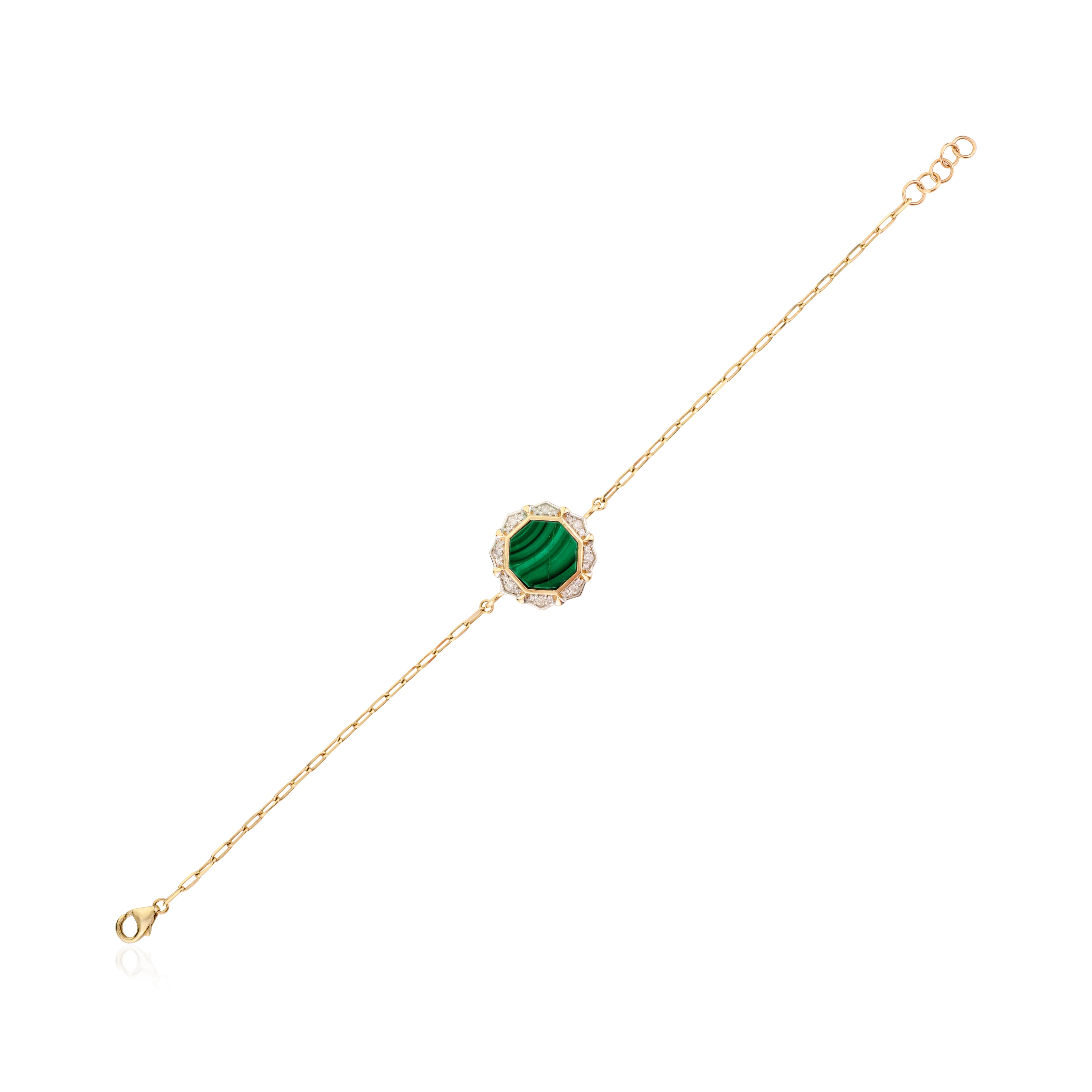 5,5 Karat Malachit Diamant Mittel Station Kette Armband mit 14k Gelbgold (Modernistisch) im Angebot