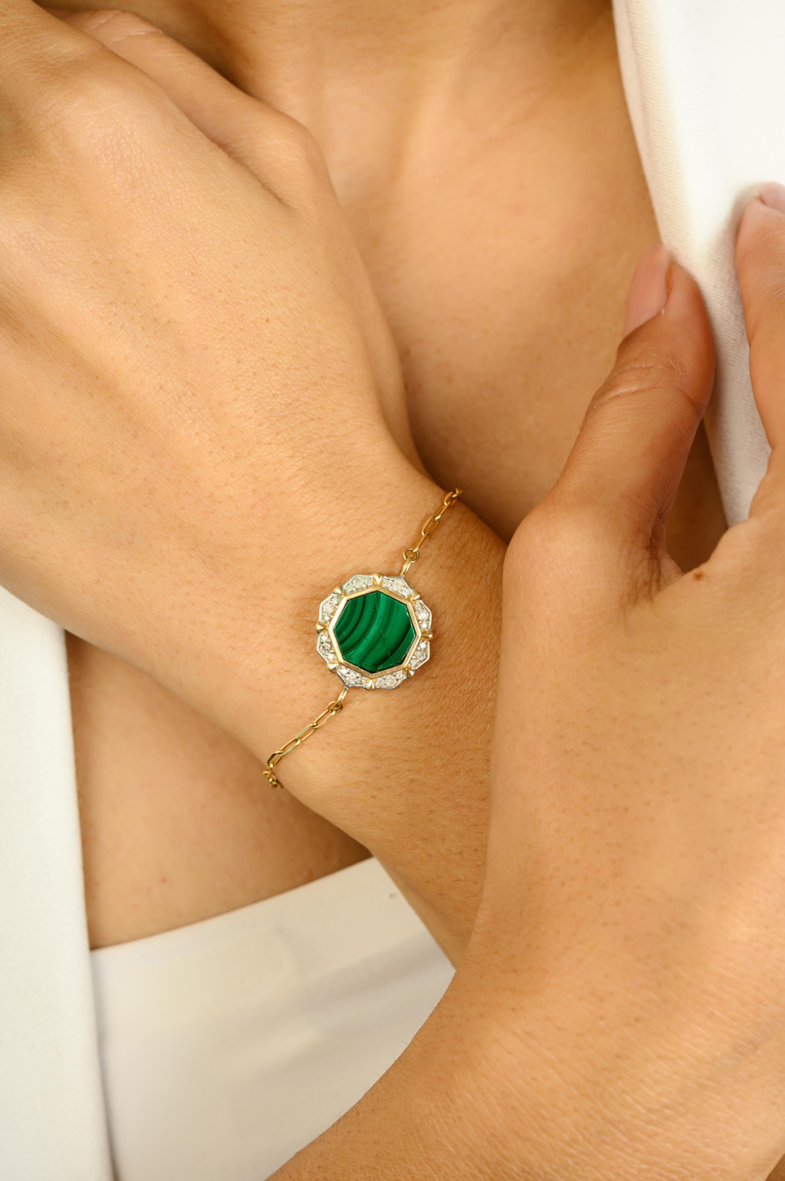 5,5 Karat Malachit Diamant Mittel Station Kette Armband mit 14k Gelbgold (Rundschliff) im Angebot