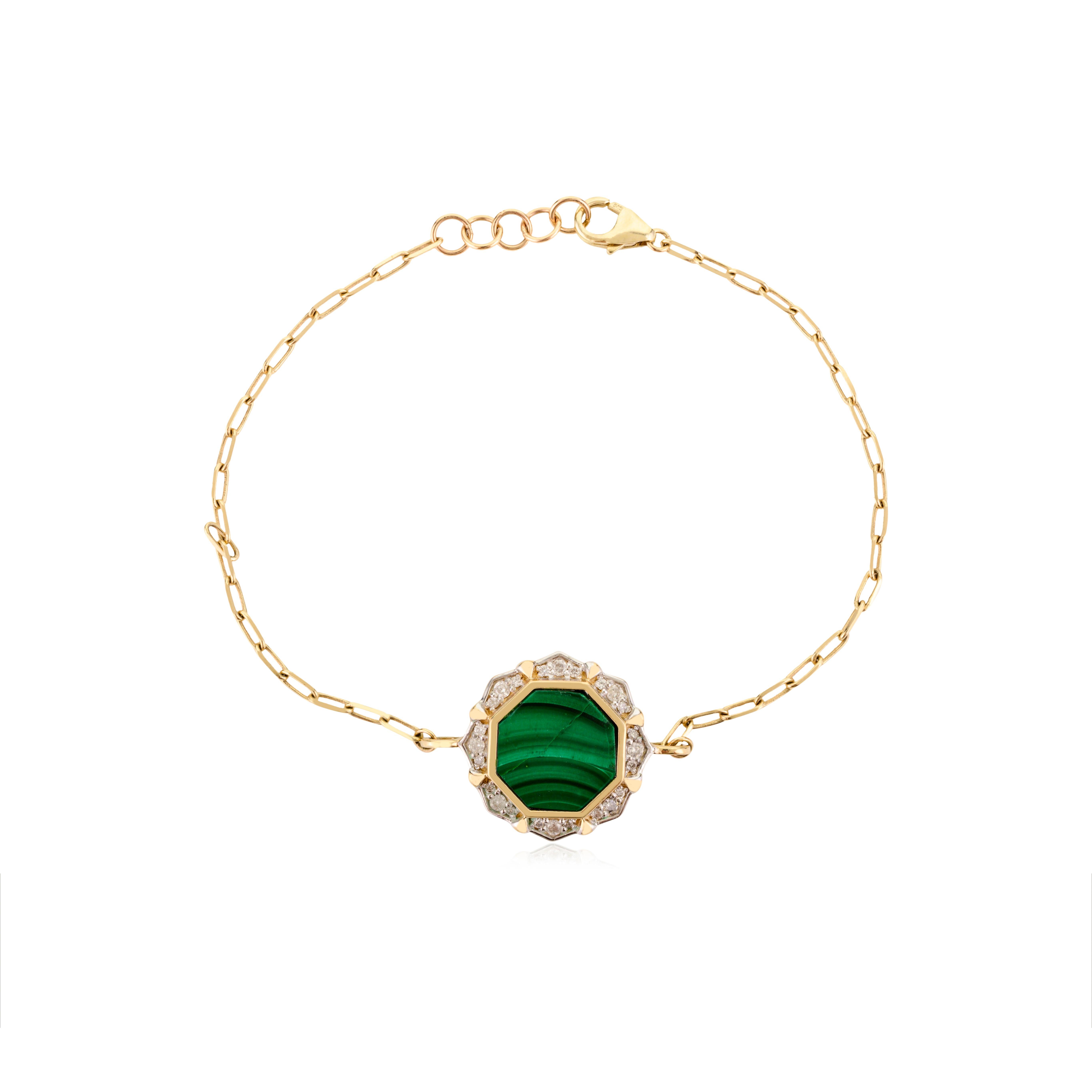 5,5 Karat Malachit Diamant Mittel Station Kette Armband mit 14k Gelbgold im Zustand „Neu“ im Angebot in New York, NY