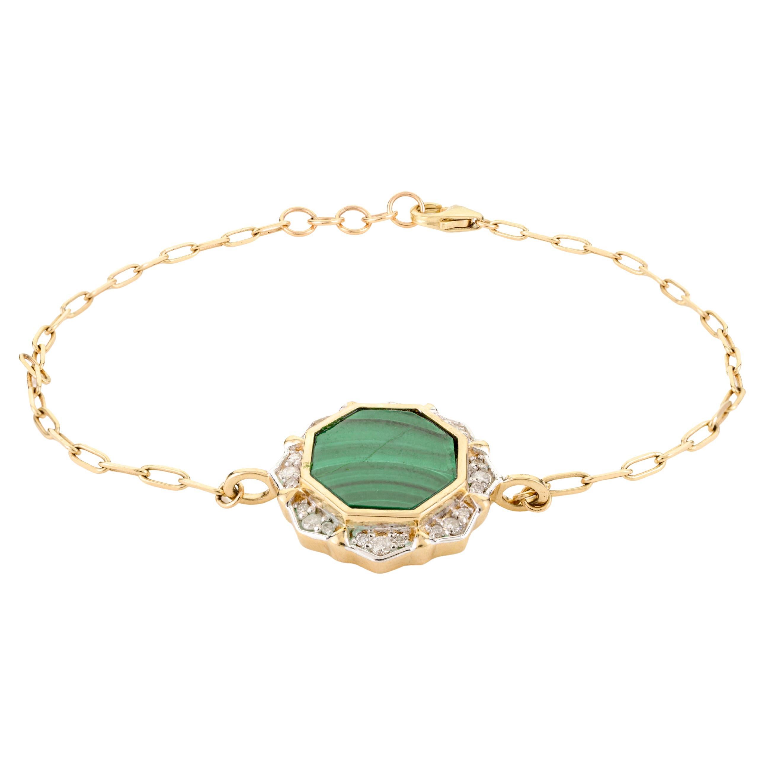 5.5 Carat Malachite Diamond Center Station Chain Bracelet with 14k Yellow Gold
