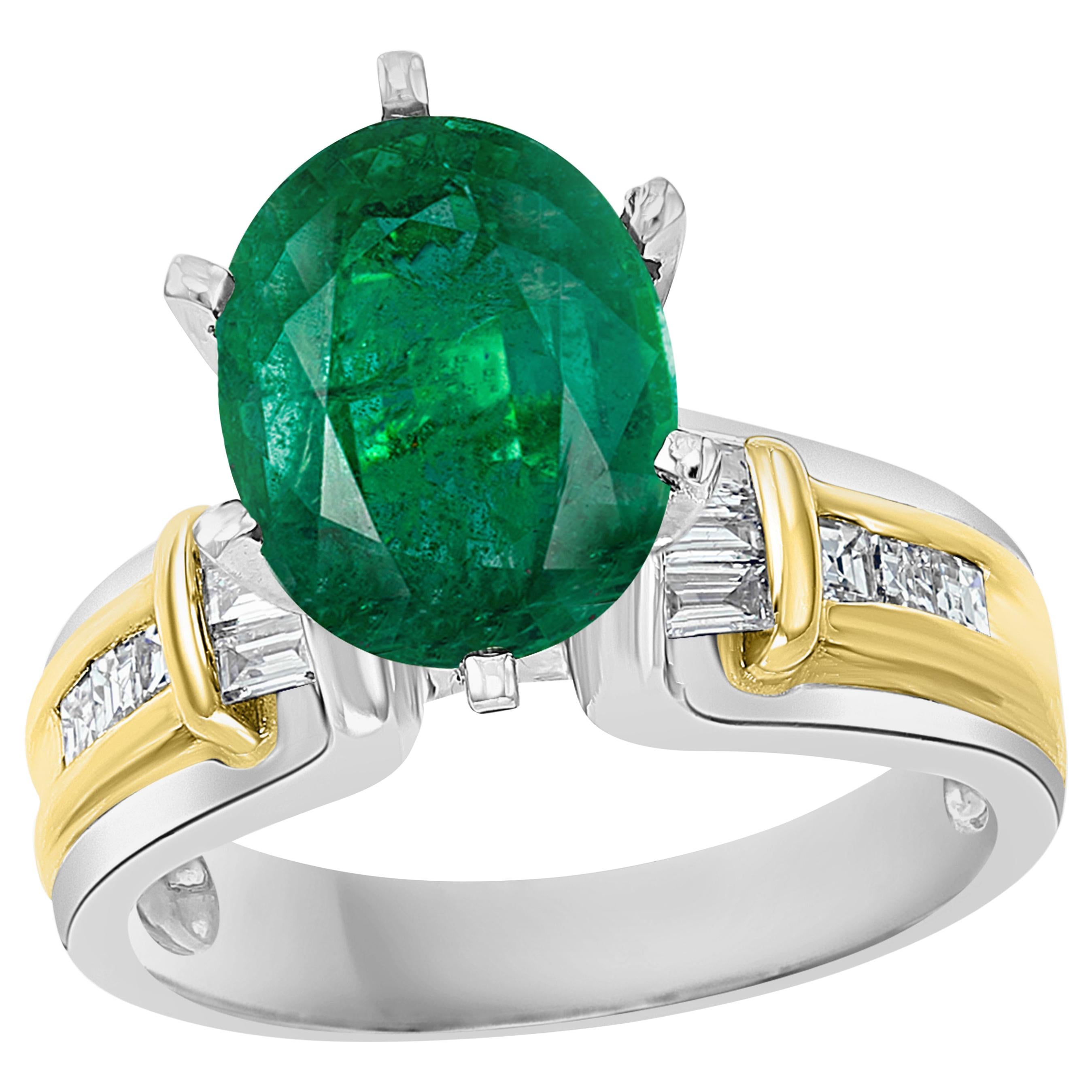 5.5 Carat Oval Cut Emerald and Diamond in 18 Karat/Platinum Two-Tone Ring Estate For Sale