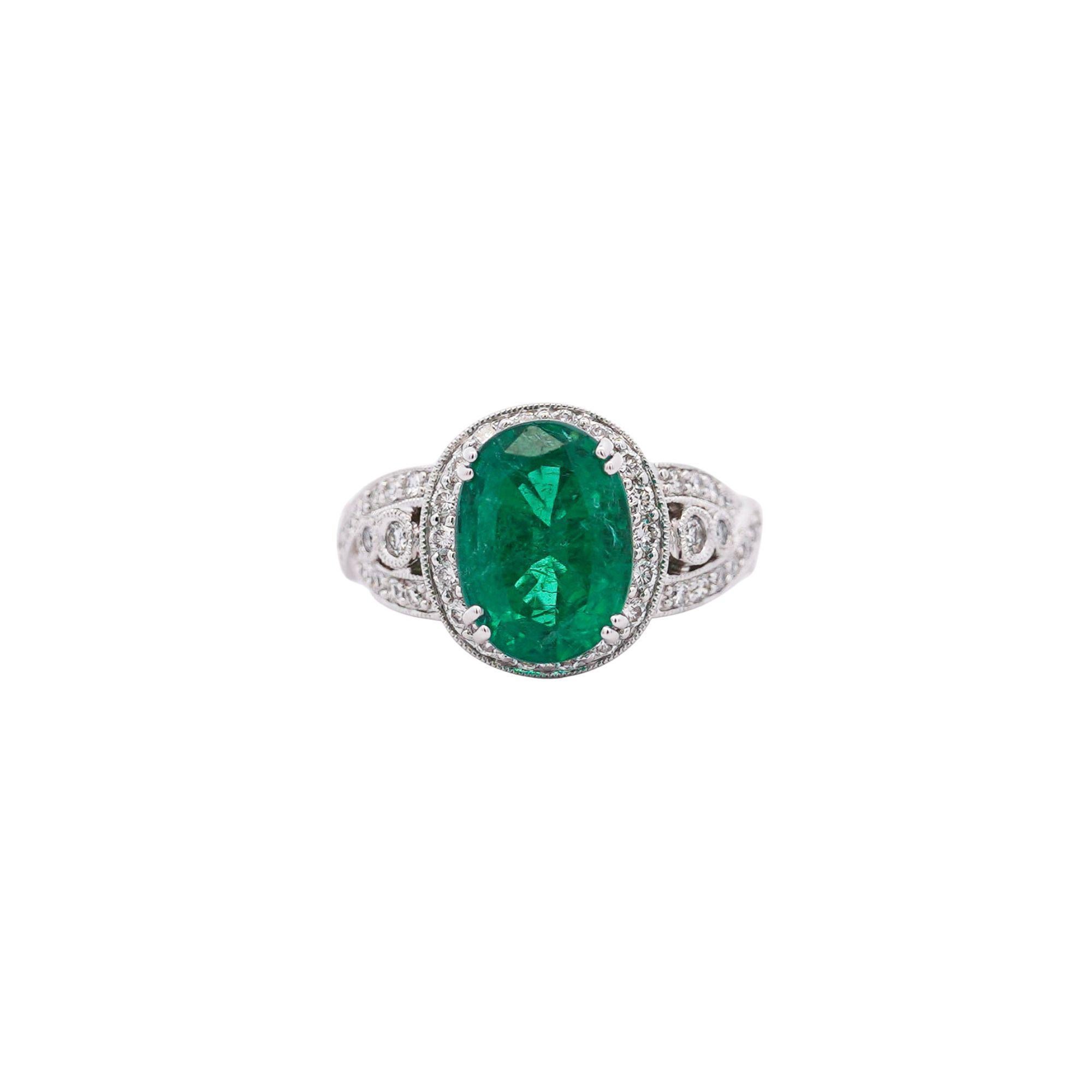 5.5 Carat Oval Cut Emerald & Diamond 18K White Gold Filigree Crossover Ring For Sale 6