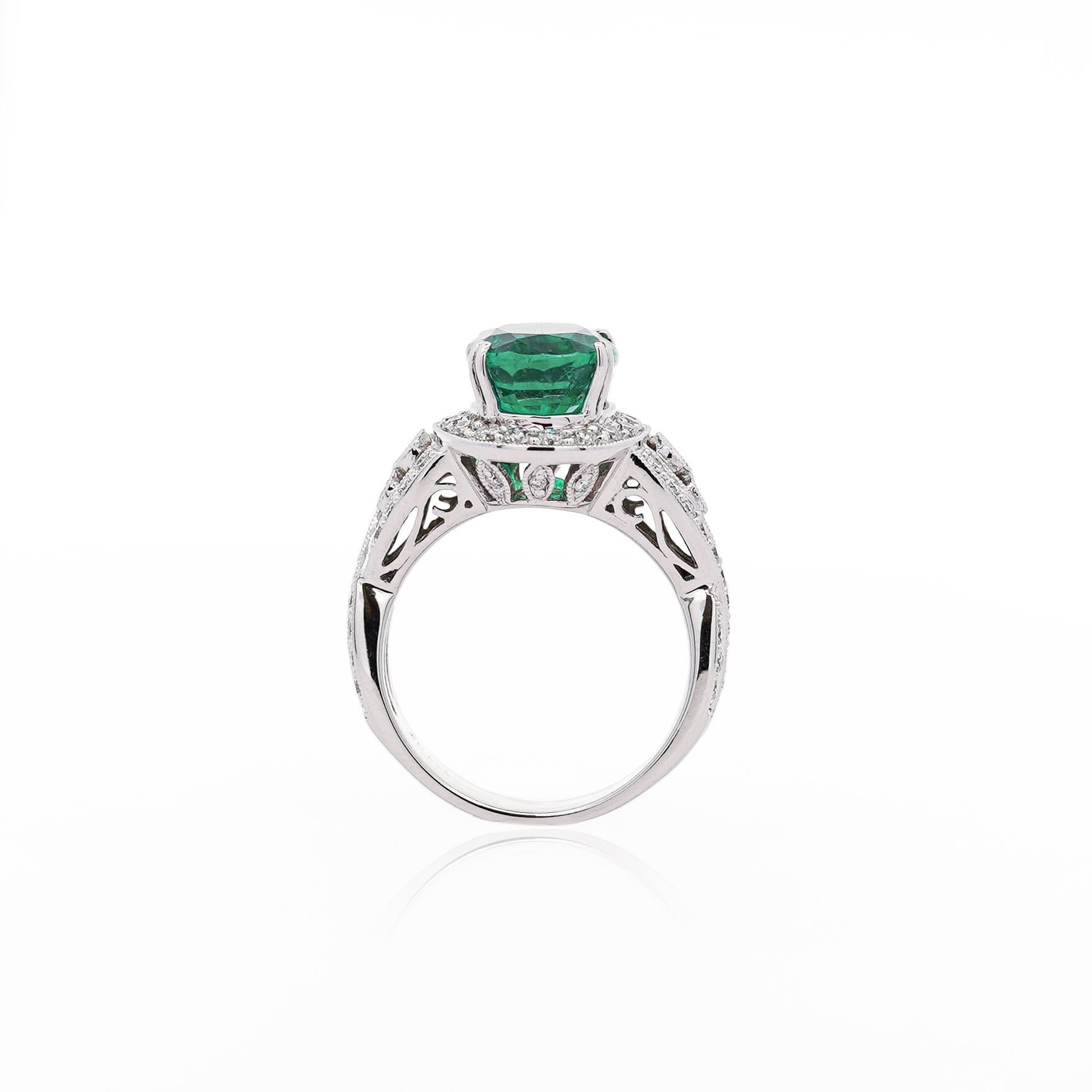 5.5 Carat Oval Cut Emerald & Diamond 18K White Gold Filigree Crossover Ring For Sale 2