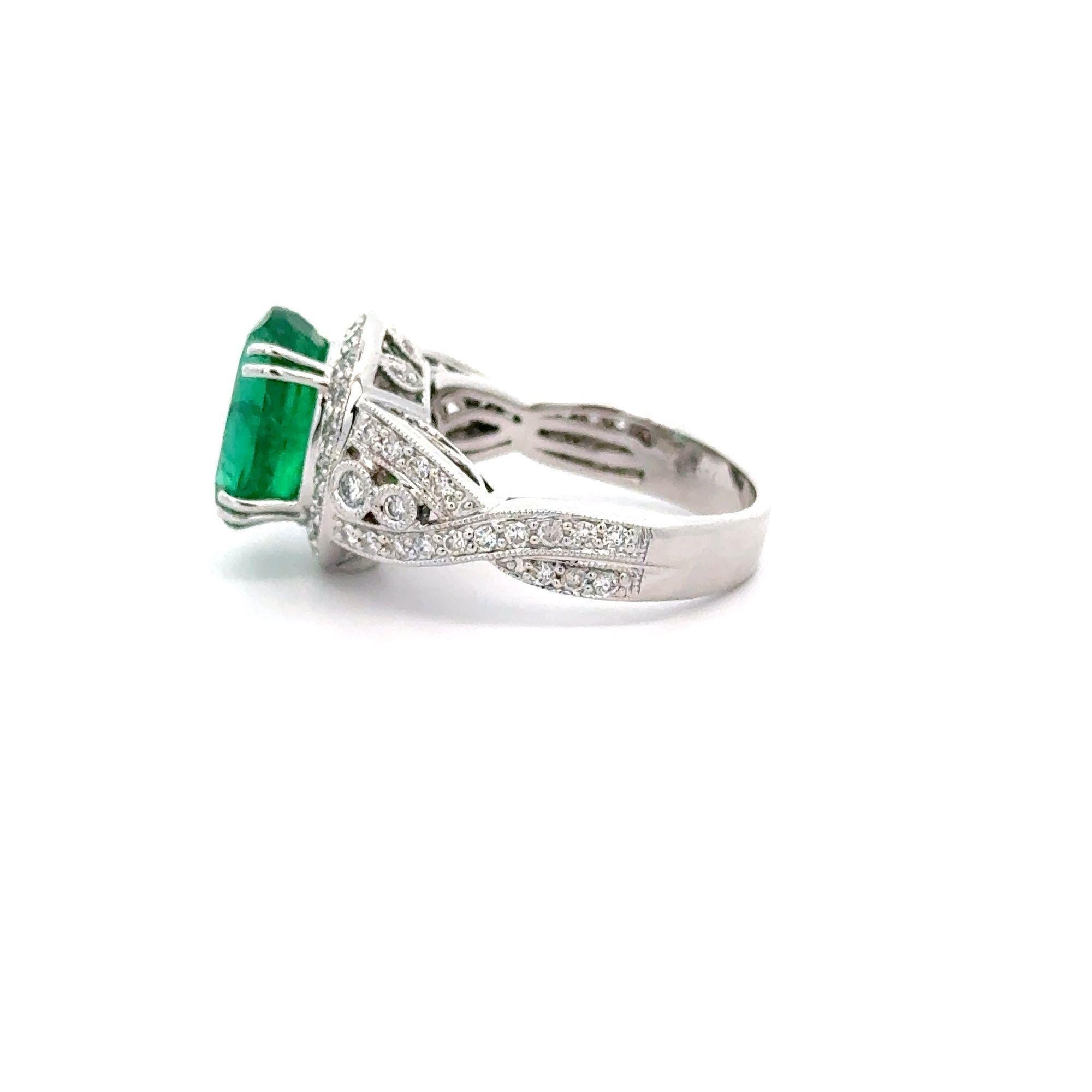 5.5 Carat Oval Cut Emerald & Diamond 18K White Gold Filigree Crossover Ring For Sale 4
