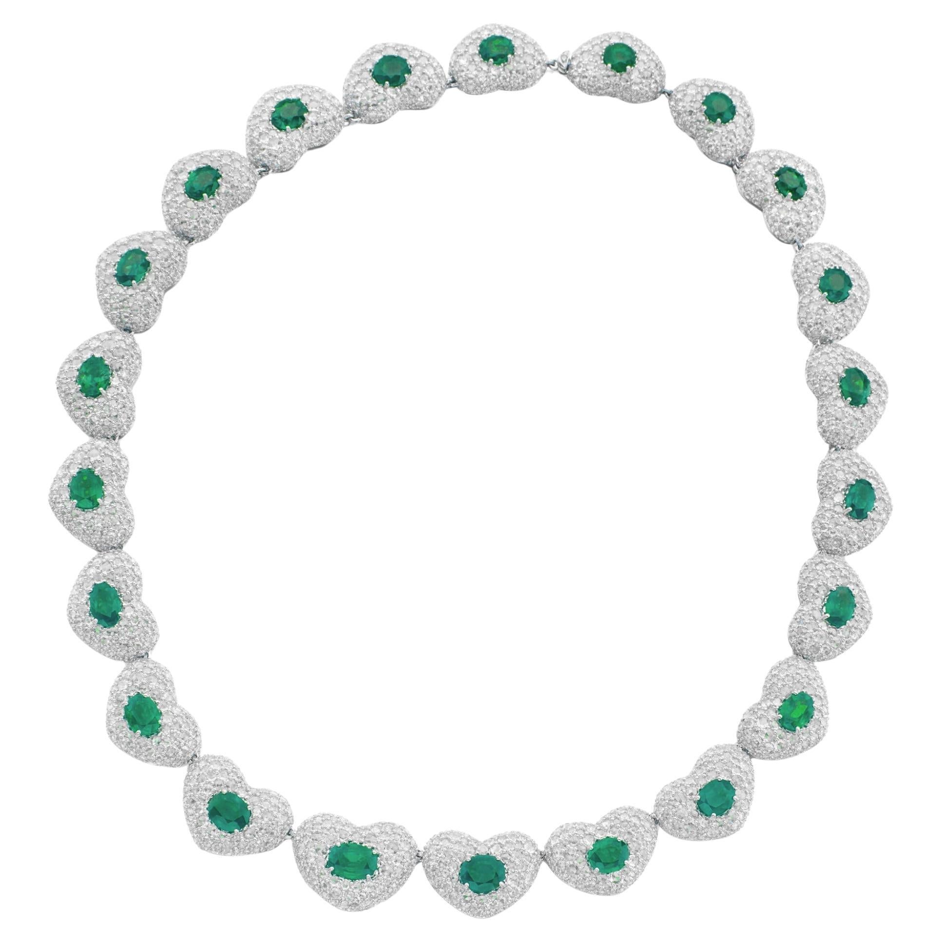 55 Carat Oval Emerald Pave Heart Motif Diamond Necklace