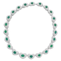 55 Carat Oval Emerald Pave Heart Motif Diamond Necklace