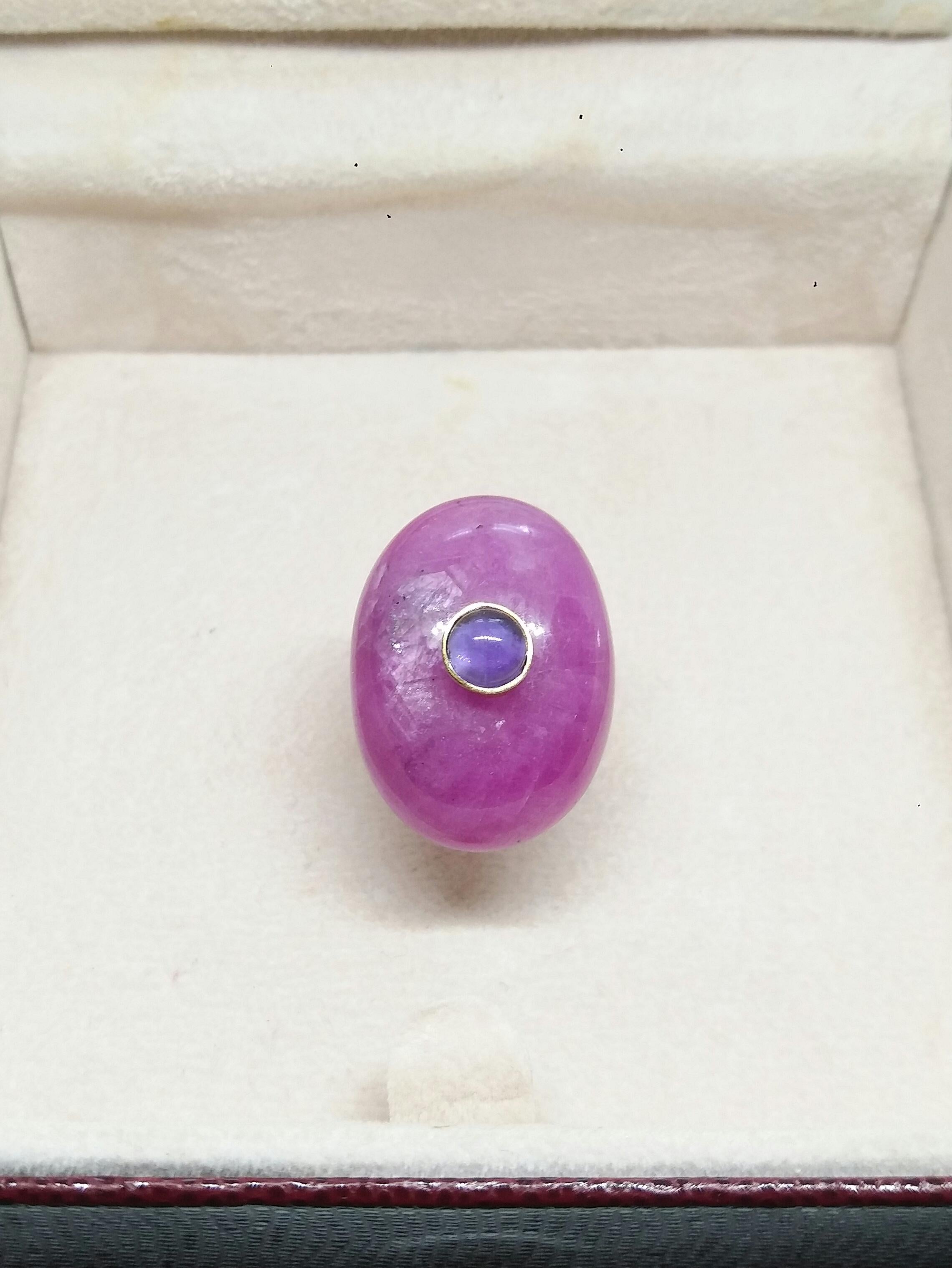 55 Carat Oval Natural Ruby Cab Amethyst Round Cabochon 14 Kt Gold Cocktail Ring 7