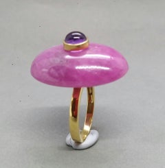 55 Carat Oval Natural Ruby Cab Amethyst Round Cabochon 14 Kt Gold Cocktail Ring
