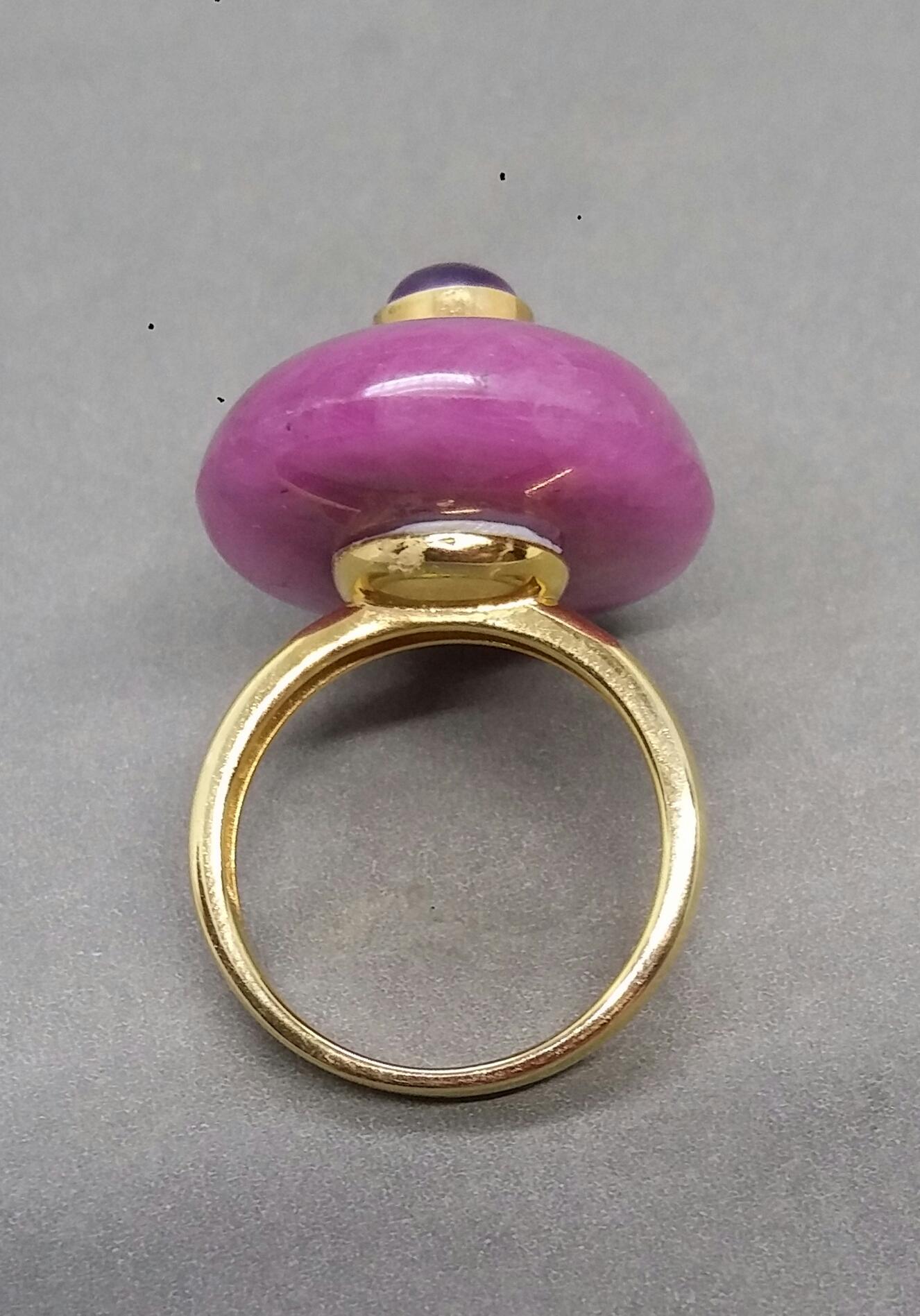Oval Cut 55 Carat Oval Natural Ruby Cab Amethyst Round Cabochon 14 Kt Gold Cocktail Ring