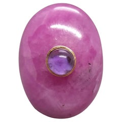 55 Carat Oval Natural Ruby Cab Amethyst Round Cabochon 14 Kt Gold Cocktail Ring