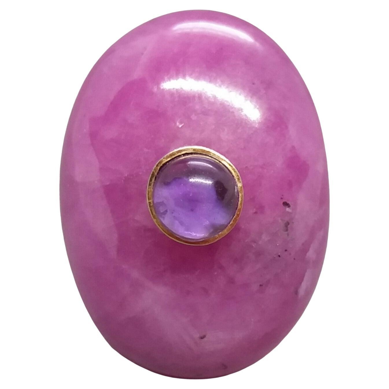 55 Carat Oval Natural Ruby Cab Amethyst Round Cabochon 14 Kt Gold Cocktail Ring For Sale